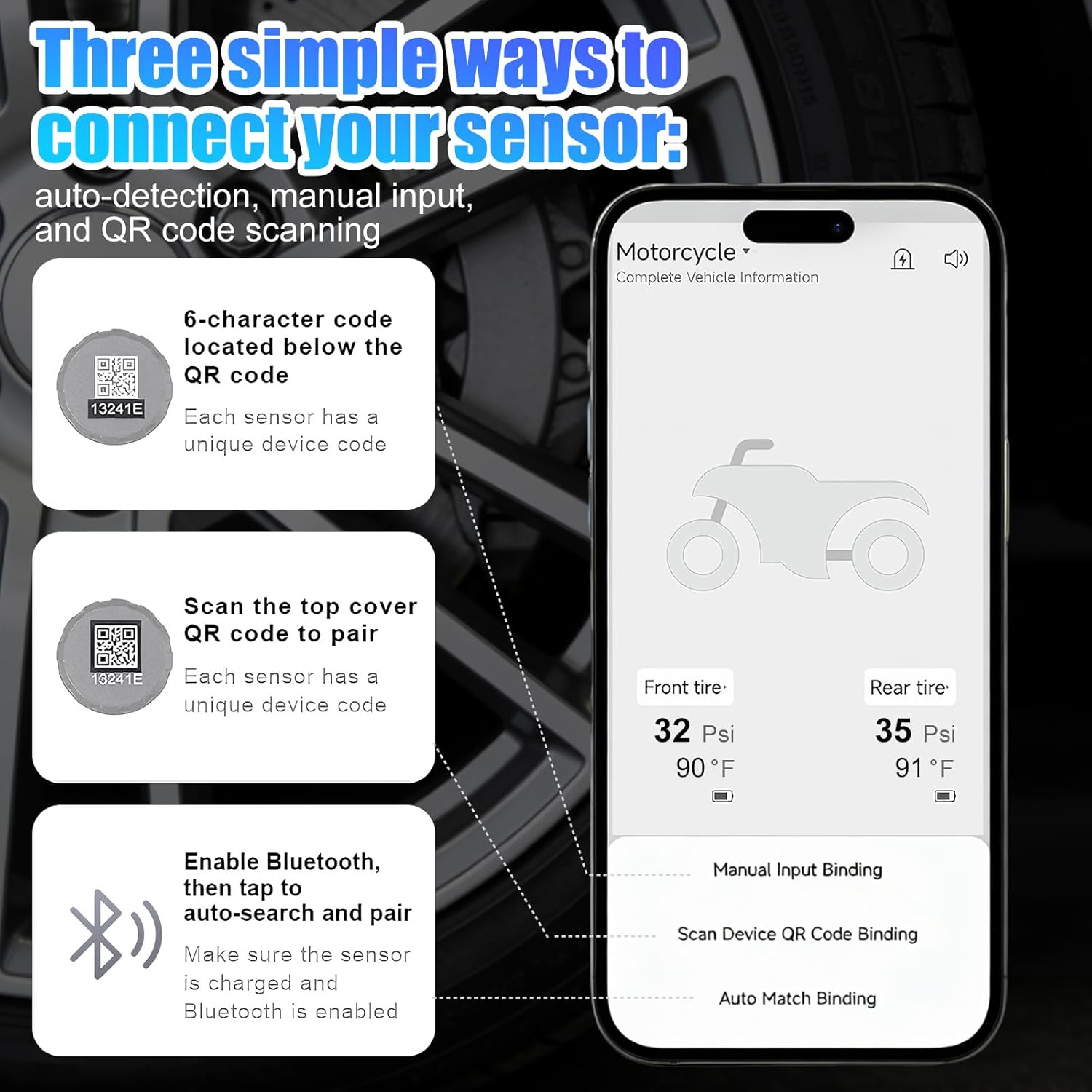 B-Qtech Motorcycle TPMS Bluetooth Tire Pressure Monitoring System with 2 External Sensors, Real-Time Temperature Pressure Monitor Alarm, Compatible with iOS and Android