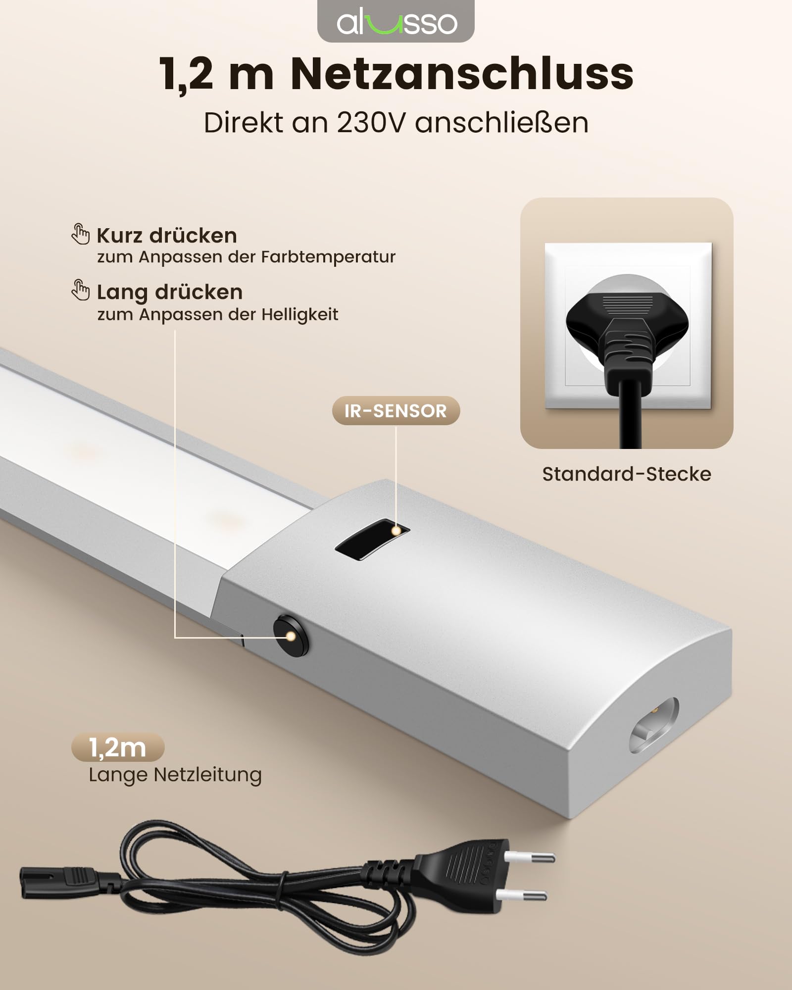 ALUSSO 60cm Unterbauleuchte küche LED Dimmbar, 3 Farbtemperatur Lichtleiste mit Berührungsloser Sensor, Ultra Dünn Unterschrank Beleuchtung für Schrank, Regale, Werkbank, 780Lumen