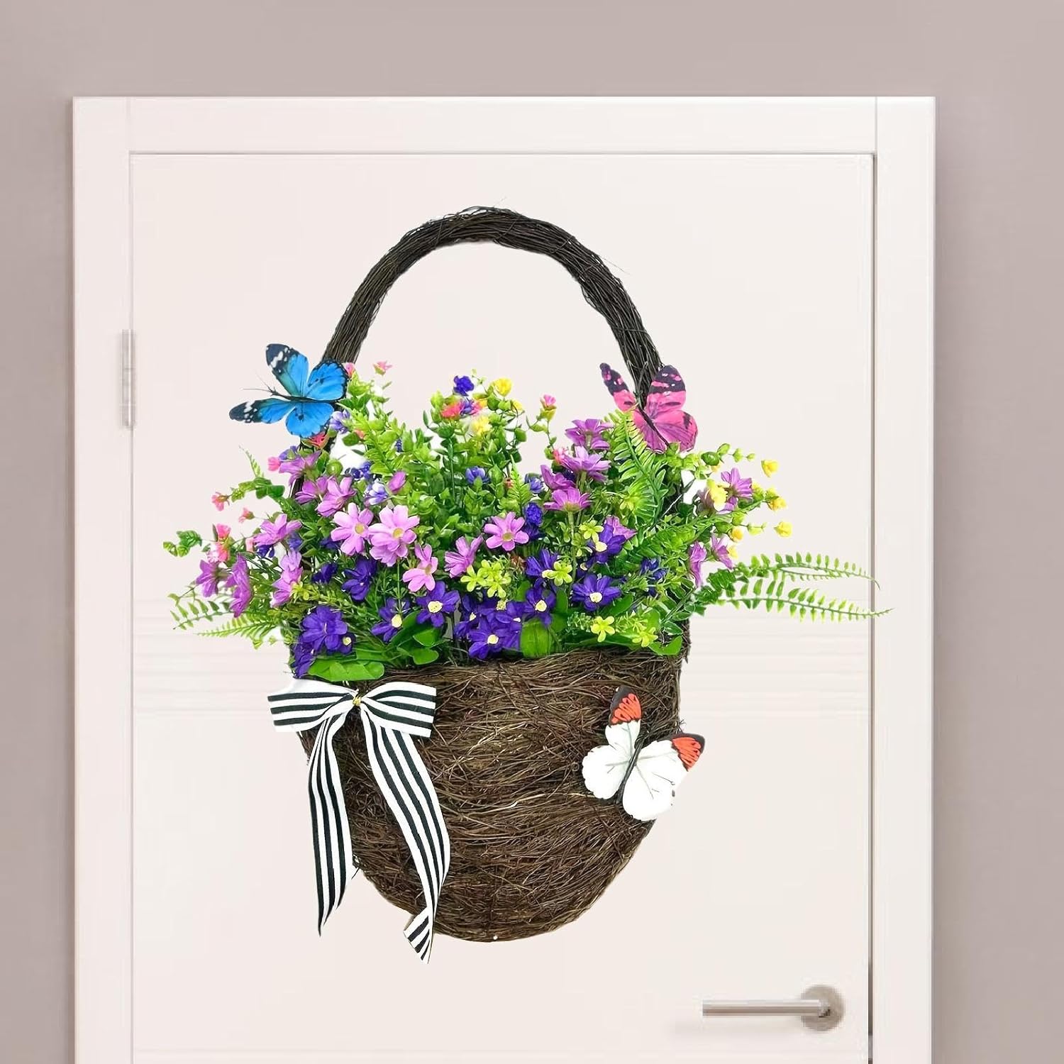 Door Hanger Basket Wreath Artificial Flowers for Balcony Courtyard Fireplace