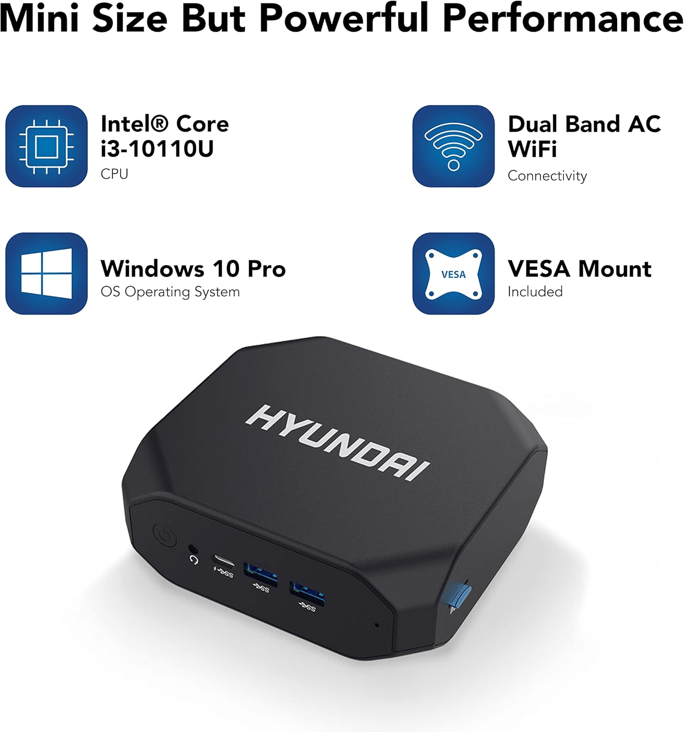 Hyundai Mini PC - Intel Celeron N4020, 4GB RAM, 128GB SSD, Windows 11 Home, 4K UHD Dual Monitor Support, Dual Wi-Fi, Bluetooth, VESA Mount Included (Black)
