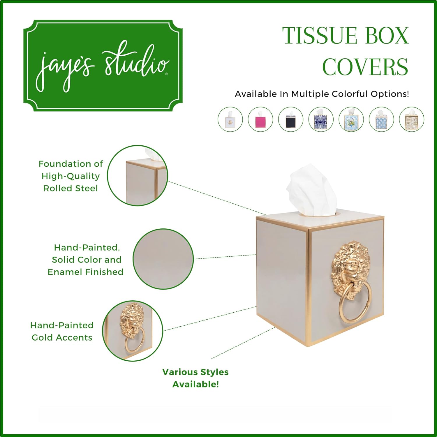 Jaye’s Studio Decorative Square Tissue Box Cover for Bathroom & Home, Premium Cube Tissue Box Holder, Gold Trim & Accents, Paws & Claws Lion’s Head Detail, Luxury Handmade Metal Decor (6x5x5, Taupe)