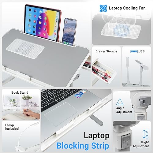 Miniatura 3 de Escritorio de regazo para laptop con ventilador de refrigeración, ajustable con luz, USB, cajón de almacenamiento, escritorio de cama plegable,