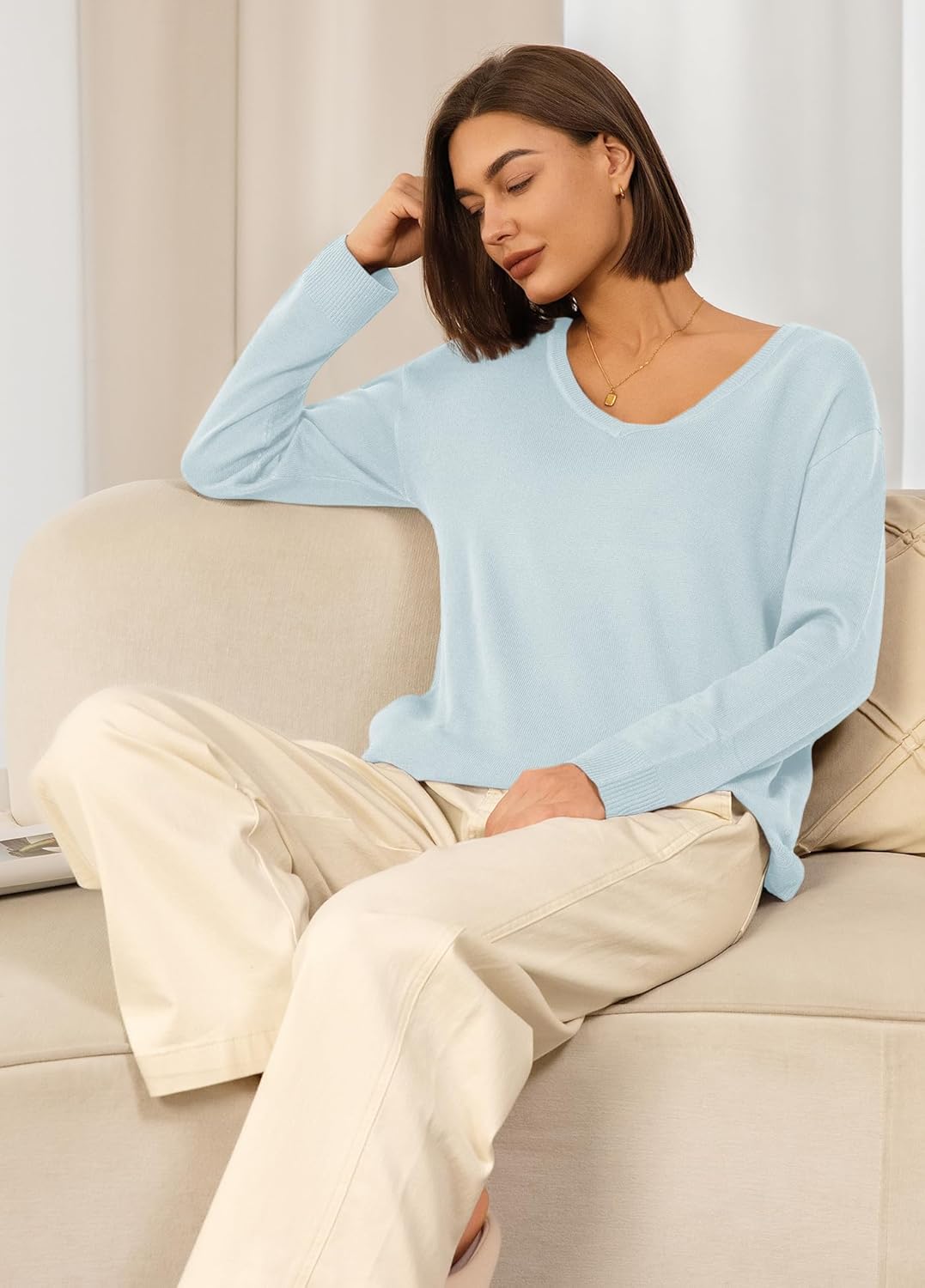 Panadila Women V Neck Oversized Sweaters Casual Off The Shoulder Sweater Knit Long Sleeve Tops Fall Outfits (Light Blue,L) - Image 6