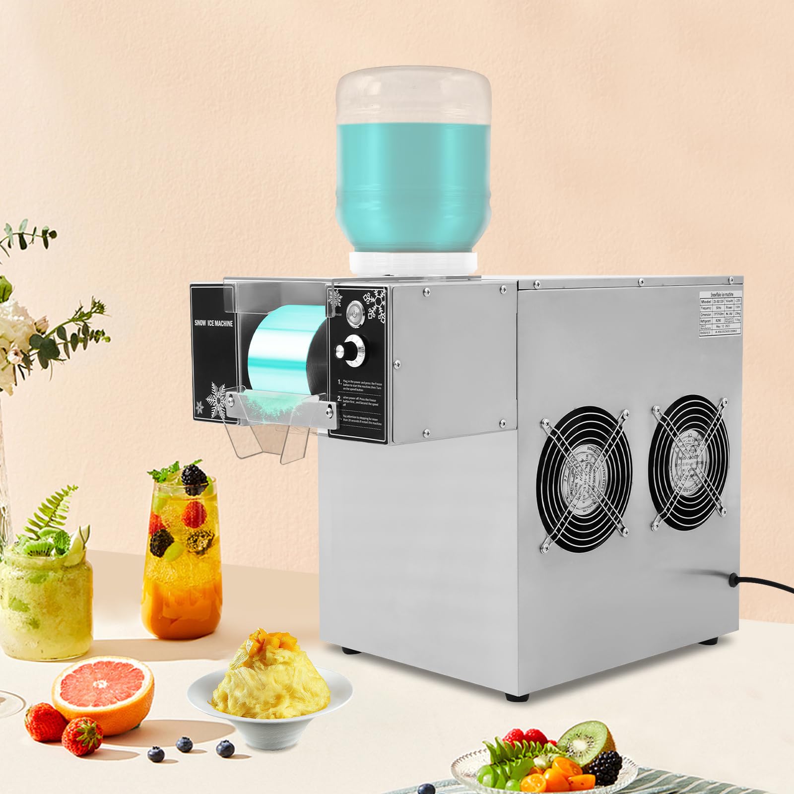 Professionelle Schneeflockeneismaschine 120kg/Tag 304 Edelstahl 8 Geschwindigkeiten Luftkühlung Doppelbehälter 5L x2 220V