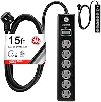Vista 12 de GE Protector contra Sobretensiones con Regleta de Enchufes, Cable de Extensión de 4 Pies, Extensor de 6 Tomas, 800 Julios, Enchufe Plano, Cubiertas