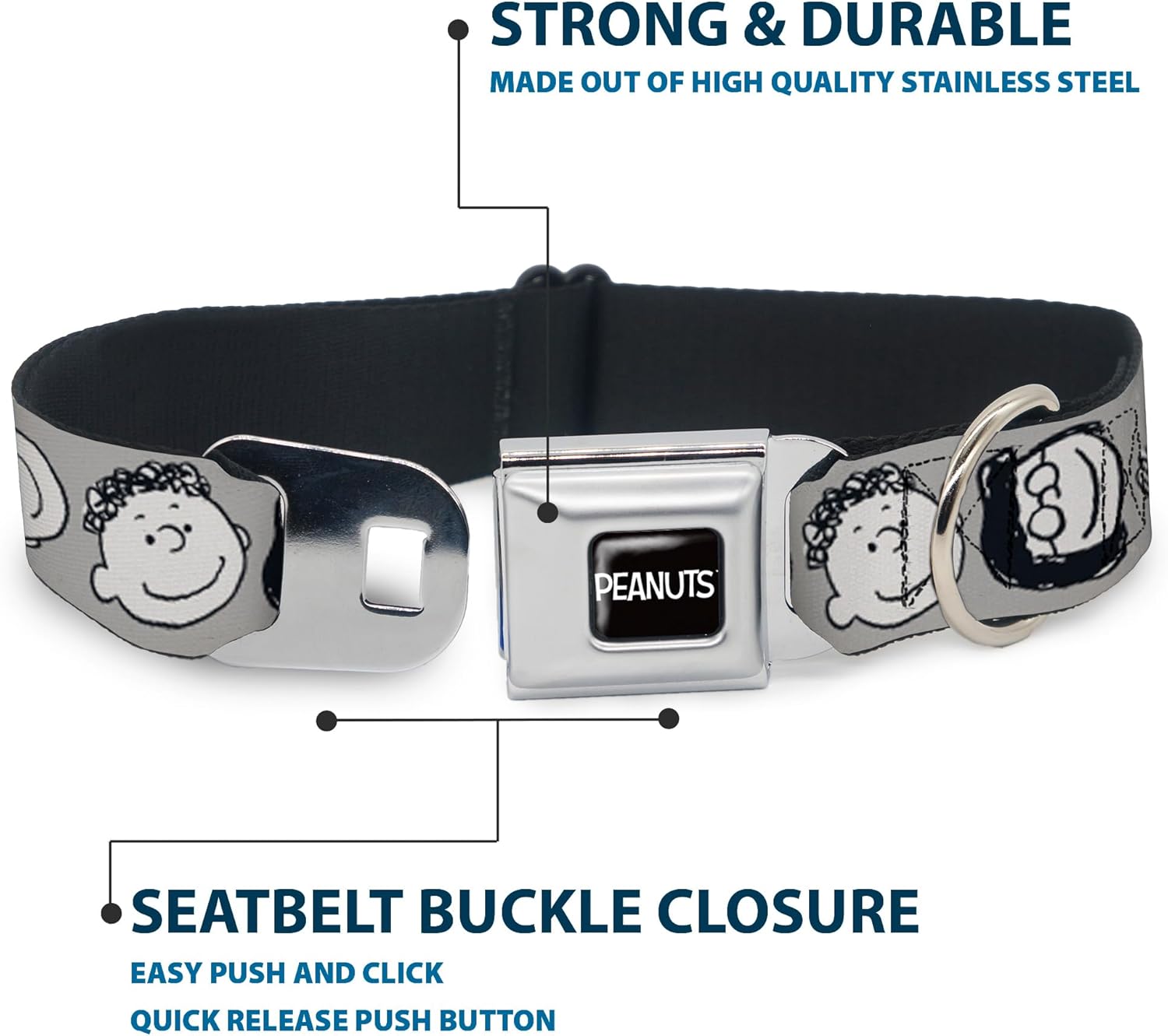 Peanuts Worldwide LLC Pet Collar, Dog Collar Metal Seatbelt Buckle, Peanuts Gang Expressions Gray Black White, 15 to 24 Inches 1.0 Inch Wide