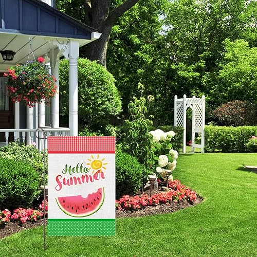 Miniatura 5 de Bandera de jardín de verano de 12 x 18 pulgadas, bandera de jardín de sandía de doble cara, bandera de arpillera a cuadros, banderas de verano para