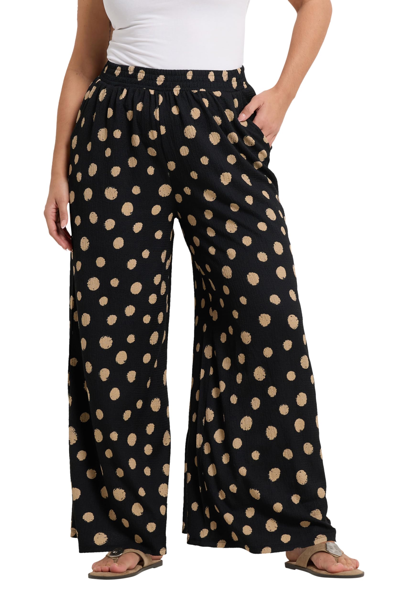 Yours Women's Black Polka Dot Textured Wide Leg Trousers In | : 22/24