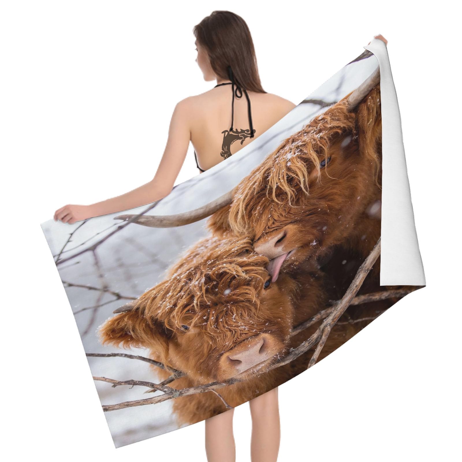 Leichong 3D Highland Cattle Beach Towel Microfiber Soft Quick Dry for Adults, Cute Animals Bath Towel Lightweight Soft Absorbent for Travel Swimming Pool Sports, 75 x 150 cm