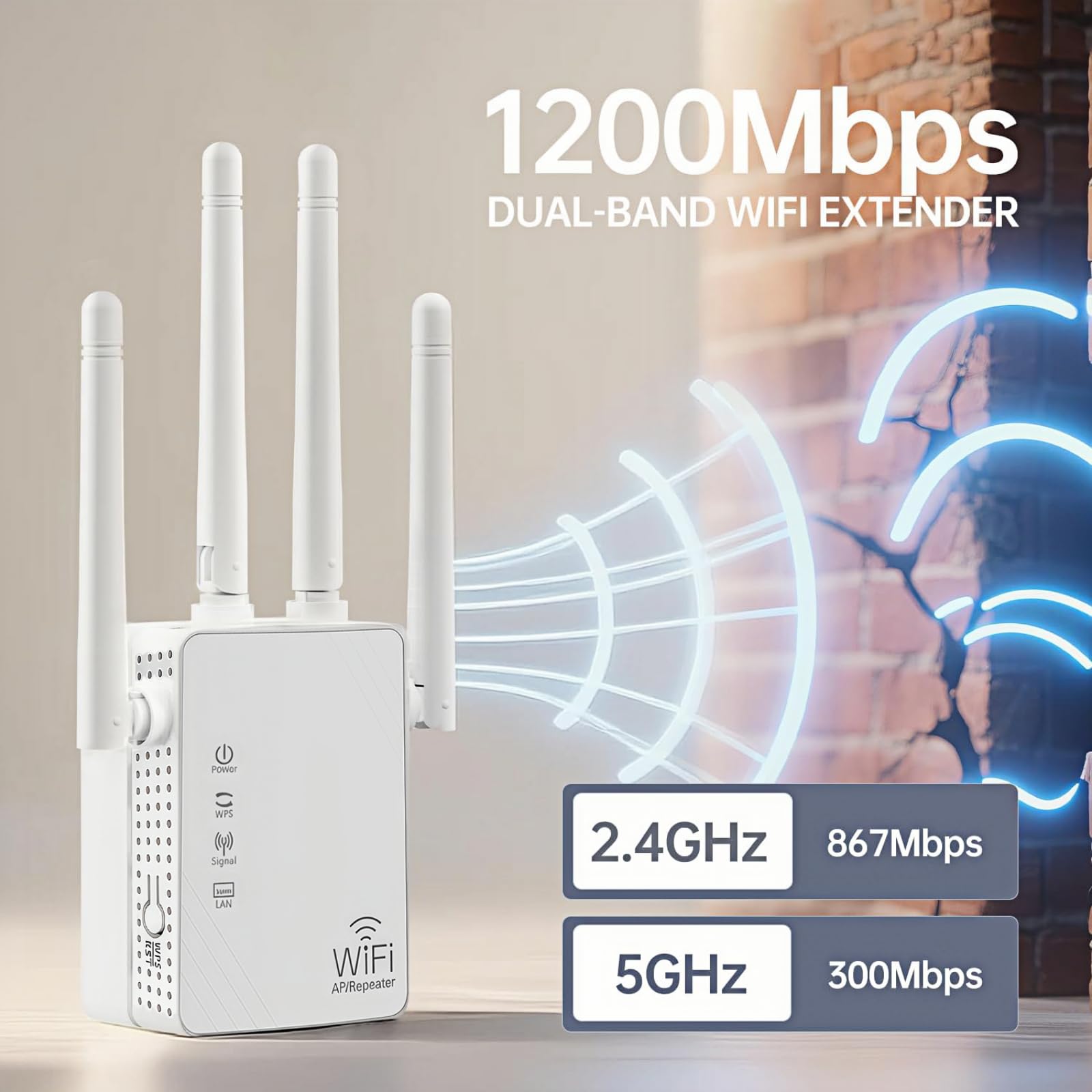 AILKIN 4-Antenna WiFi Extender Signal Booster, WiFi Extender con 1200Mbps Dual - Band 2.4G&5G, WIFI Booster con 3 modalità e 2 porte Ethernet, Wi-Fi Repeater con 12880 Sq.ft Copertura 105 Dispositivi