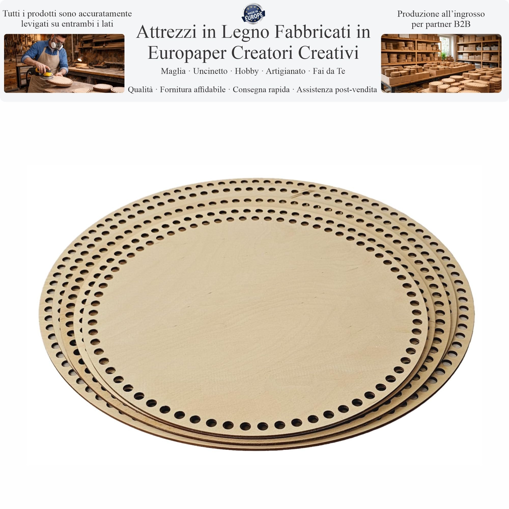 Base Rotonda in Legno 3mm, 30–40cm per Uncinetto – Fondo per Cesti, Cestini e Borse all’Uncinetto, Fai da Te, Varie Dimensioni (Fori 8mm, 40cm)