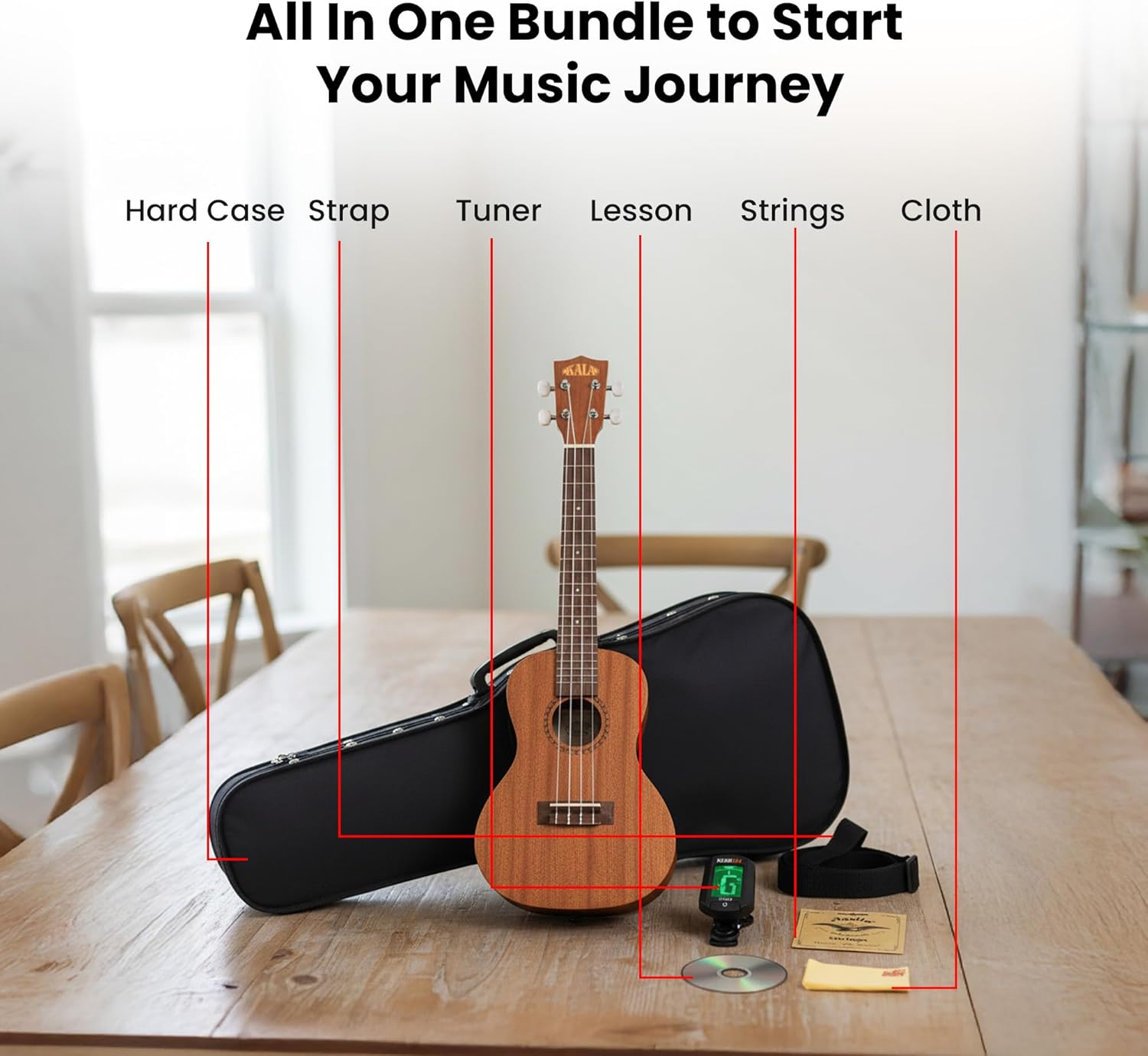 Kala KA-15C Satin Mahogany Concert Ukulele Bundle with Hard Case, Tuner, Strap, Strings, Austin Bazaar Instructional DVD, and Polishing Cloth