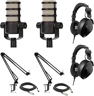 Rode PodMic Dynamic Podcasting Microphones Bundle with StreamEye BOOMARM1 Microphone Boom Arms, Rode NTH-100 Professional Closed-Back Over Ear Headphones, XLR Cables, and StreamEye Polishing Cloth