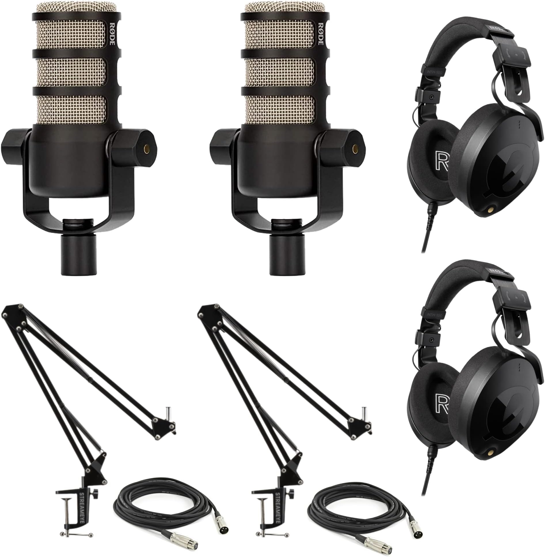 Rode PodMic Dynamic Podcasting Microphones Bundle with StreamEye BOOMARM1 Microphone Boom Arms, Rode NTH-100 Professional Closed-Back Over Ear Headphones, XLR Cables, and StreamEye Polishing Cloth