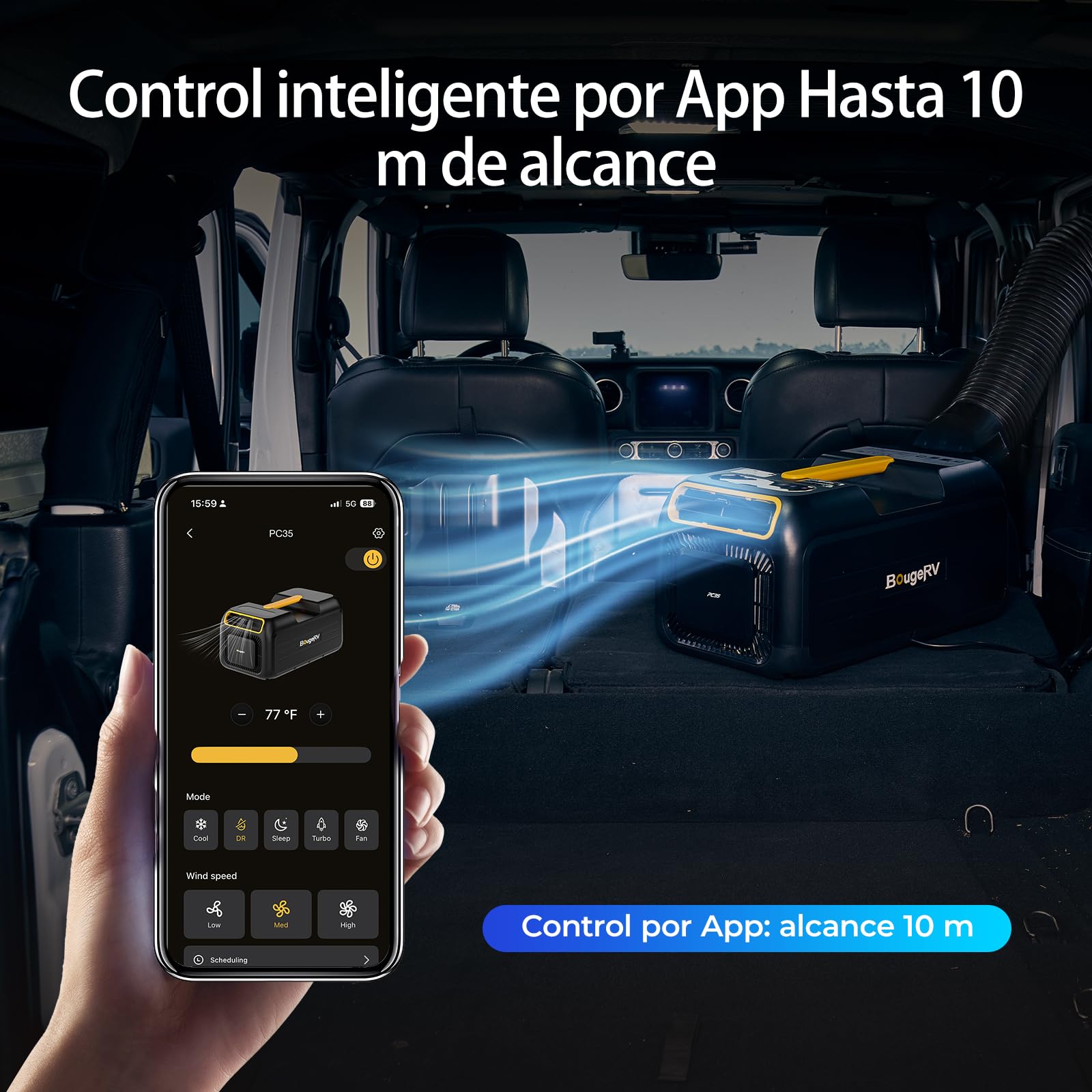 BougeRV Aire Acondicionado Portátil Camping 3500 BTU, Mini Enfriamiento Rápido 10 Min, Control App, 5 Modos, Gas R290, CA 100V-240V, para Tienda de Campaña, Furgoneta, Camper