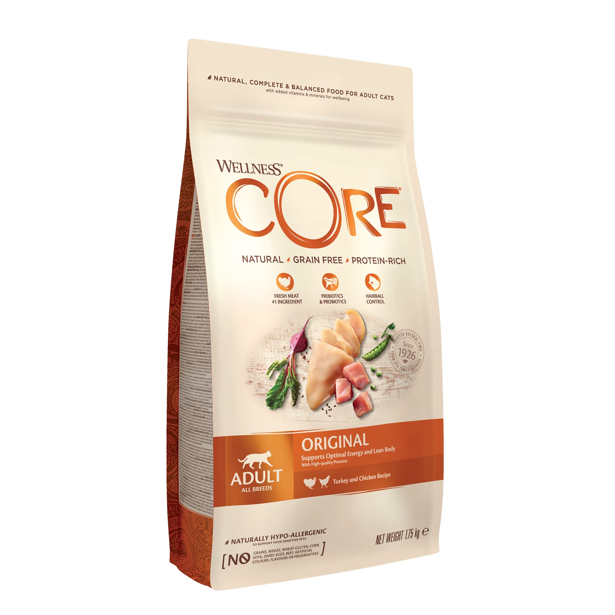 Wellness CORE Original 1,​75 kg, Poulet/​Dinde – Croquettes pour Chats Adultes, sans Céréales, Naturelles, Hypoallergénique, Riche en protéines, À Haute Teneur en Viande, Soutient l'Énergie Optimale
