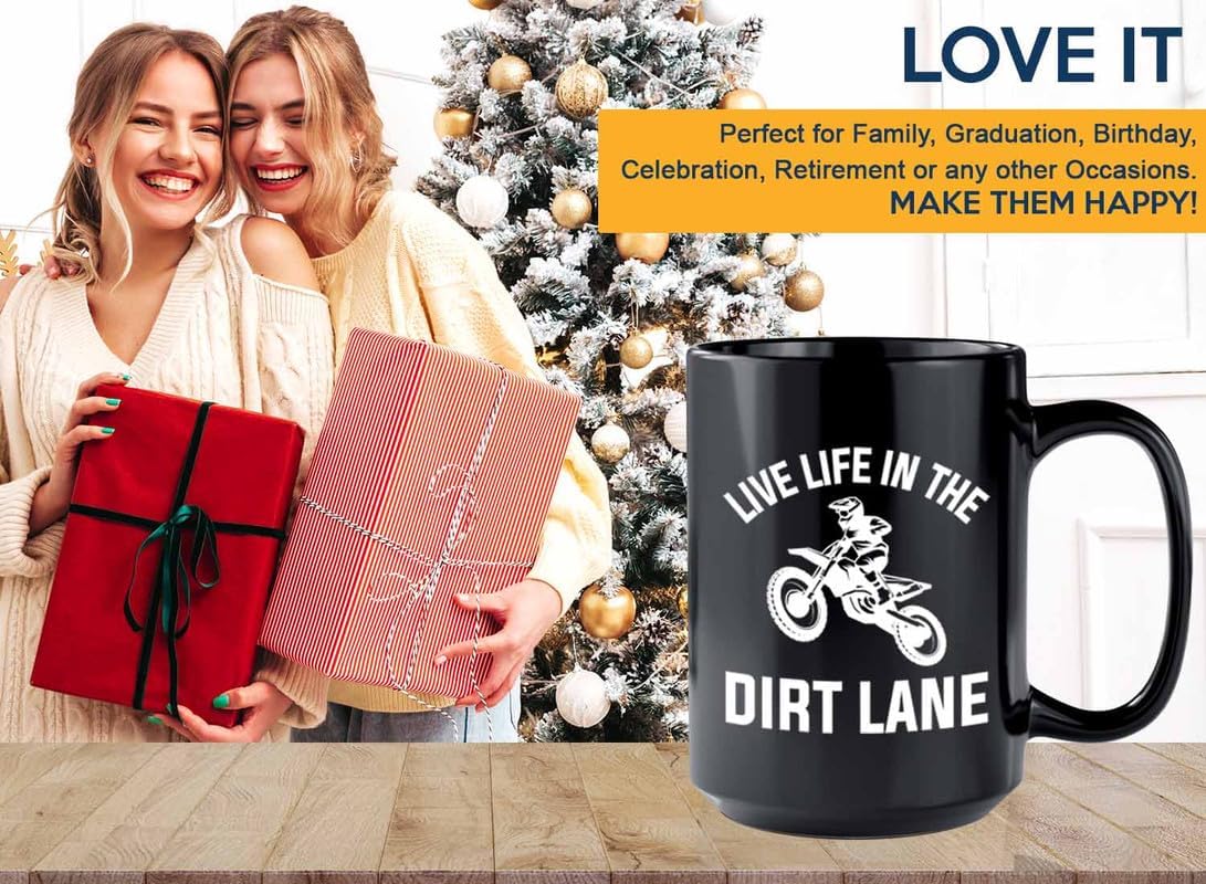 Dirt Bike Coffee Mug 15oz Black - The Dirt Lane - Motorcycle Sport Dirt Rider Automotive Cycling Racing Background