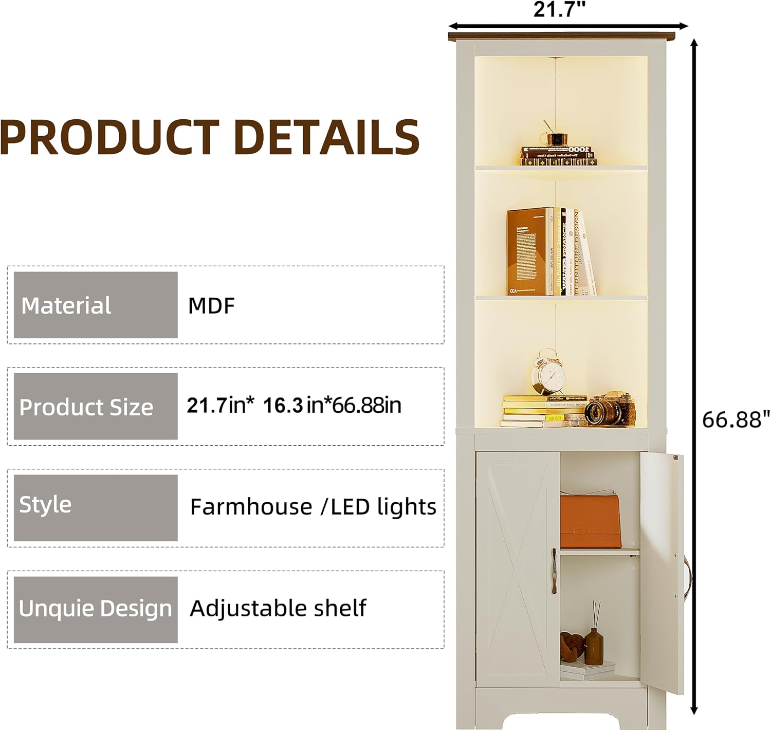 ChooChoo 66.5" Tall Corner Storage Cabinet with LED Lights, 5-Tier Corner Cabinet with Barn Door Design and Adjustable Shelf, Home Space Saver for Living Room, Soft White & Brown