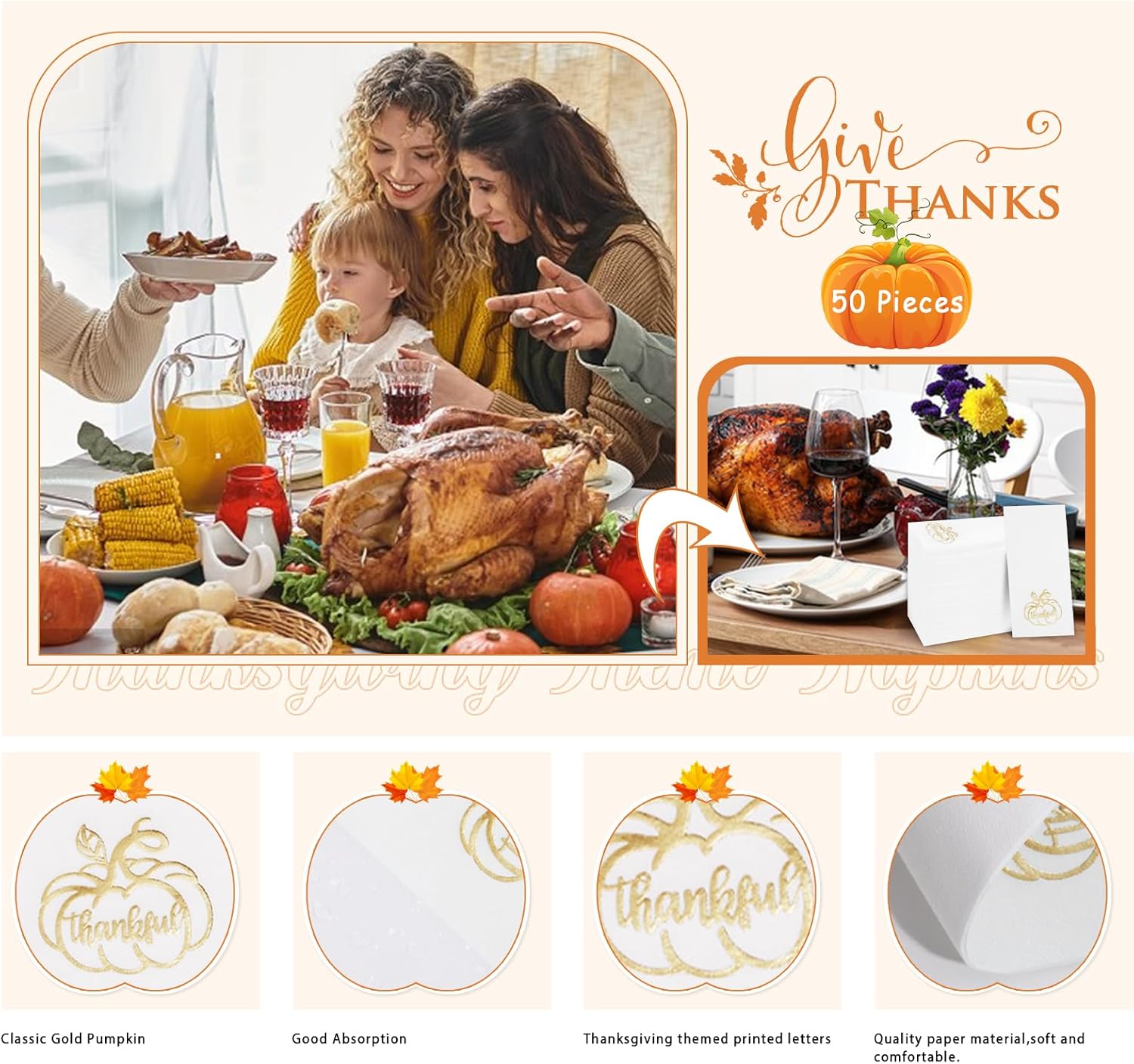 Nervure 175PCS Clear Gold Plastic Plates - Gold Disposable Plates for 25 Guests - 50 PCS Thanksgiving Paper Napkins - Cloth Like Paper Napkins with Gold Pumpkin