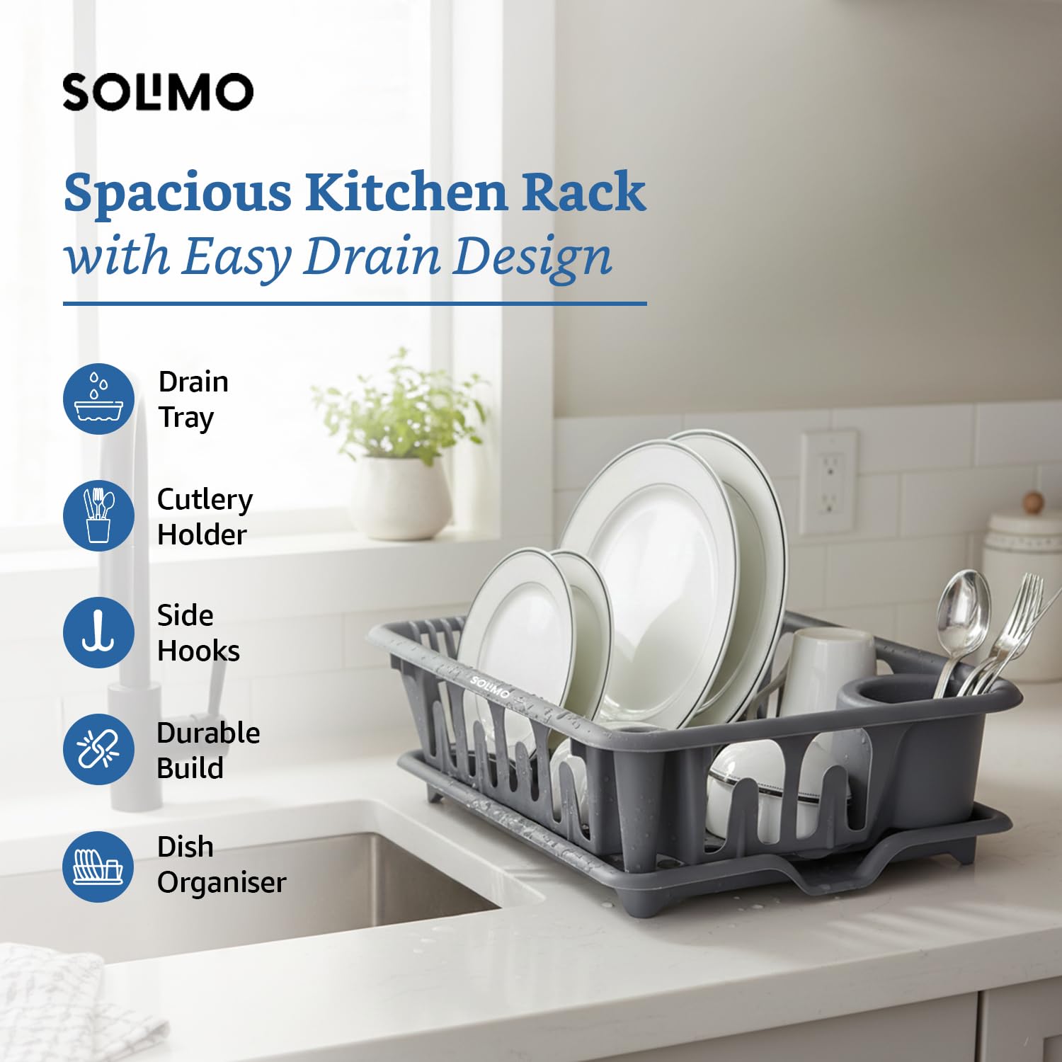 Amazon Brand - Solimo Plastic Kitchen Sink Rack with Drainage Tray | Large | Dish Rack Organiser | 48 x 35.5 x 13 Cm | Grey 1