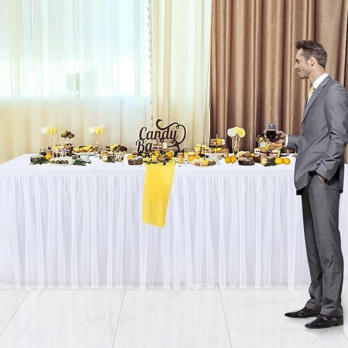 Miniatura 7 de Netbros Falda de mesa de tul, mantel blanco para mesas rectangulares de 4 pies, resistente a las manchas y a las arrugas, decoración de falda de