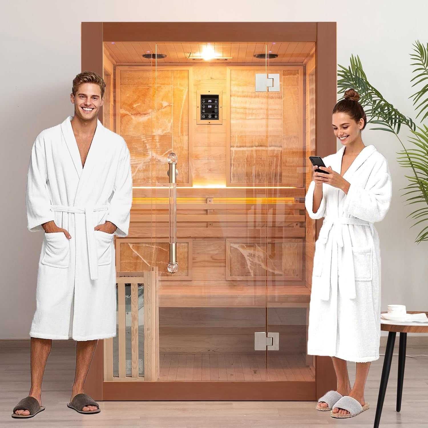 Smartmak Wood Home Steam Sauna, 2 Person Canadian Red Cedar Traditional Luxurious Wooden Indoor Spa Room, with 3.5 kw Heater, Bluetooth Speaker, Rocks, Water Bucket, Spoon, Lights