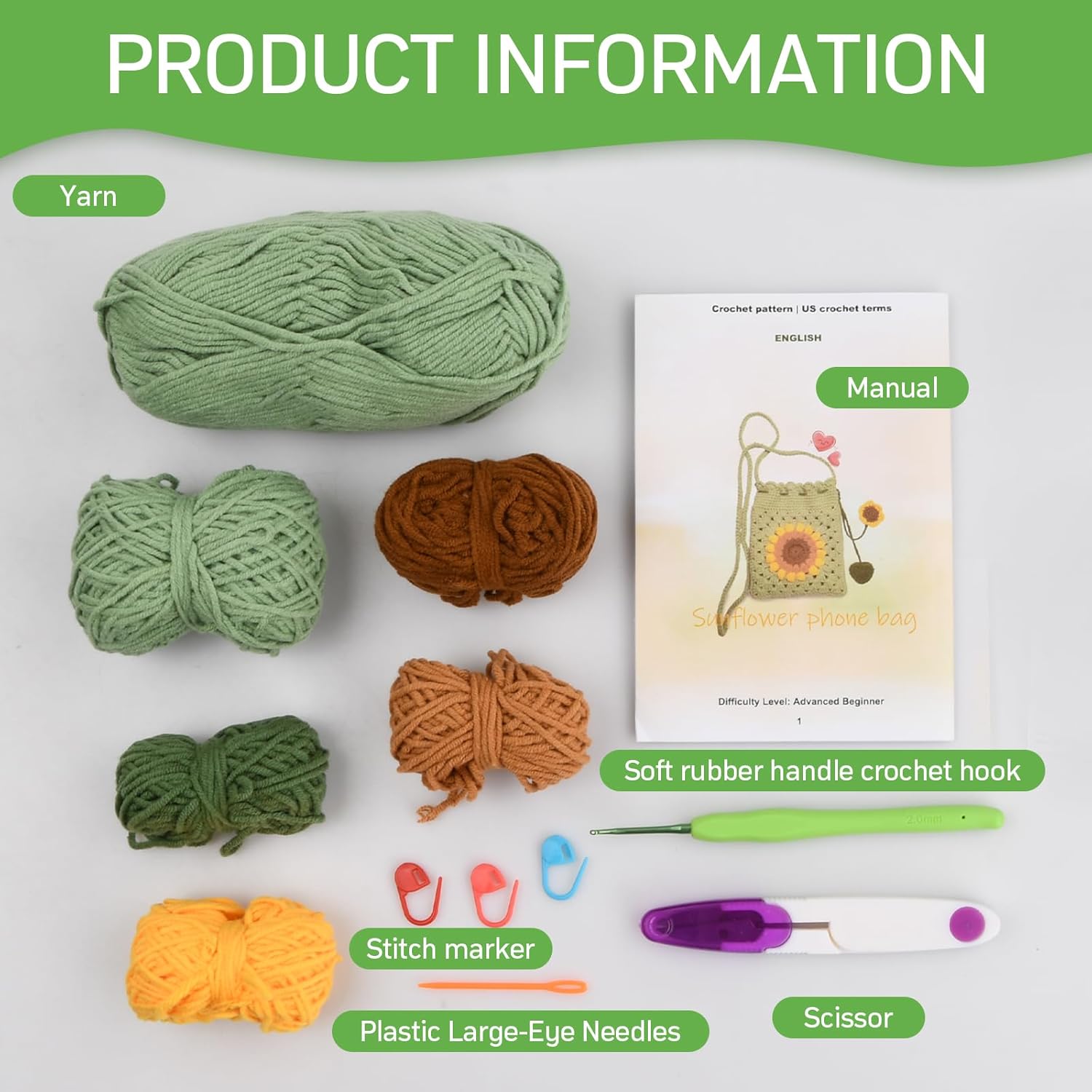 Sunflowers Crochet Set for Beginners Crochet Kit for Sunflower Phone Bag Crochet Set for Beginners with Crochet Thread Sunflower with Crochet Needle Set