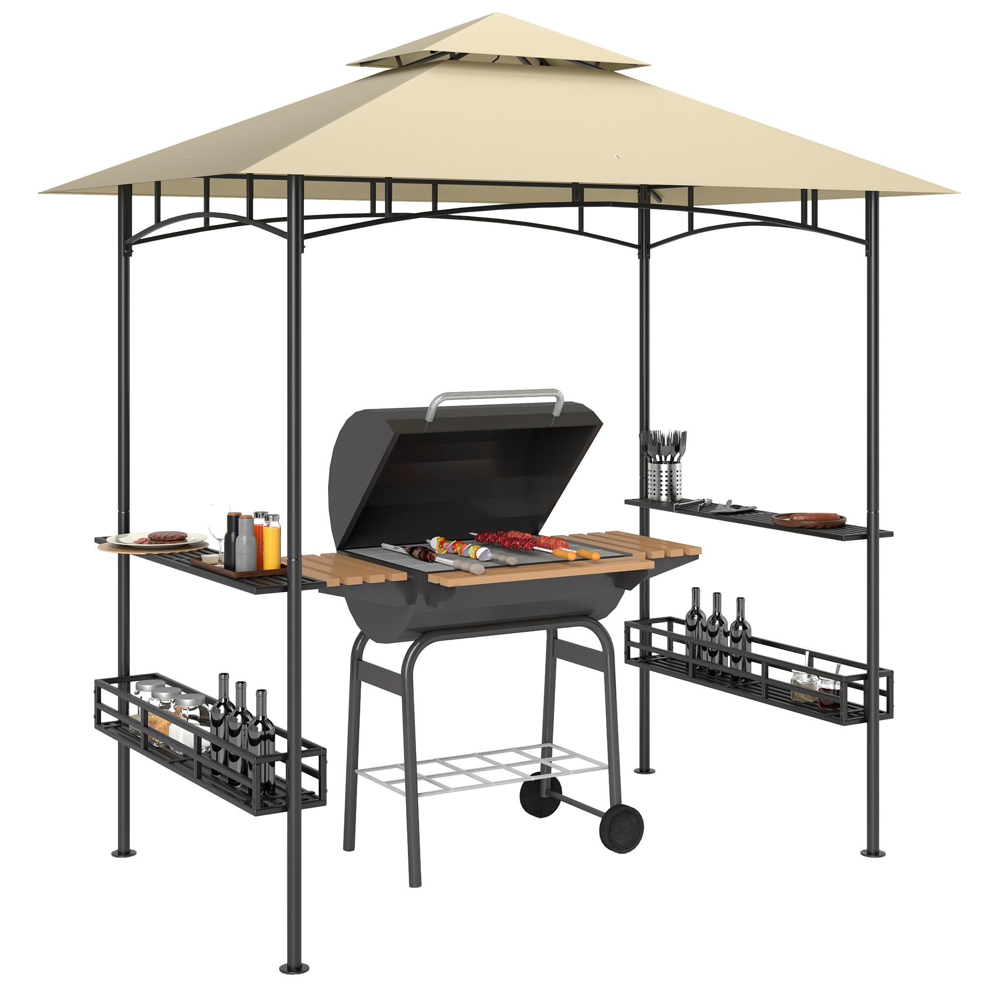 Outsunny Tonnelle de Barbecue Extérieur Abri 240x150x257cm Beige | Auvent de Réception Jardin, Crochet au Plafond, Étagères et PaniersLatéraux, Structure Métal Galvanisé