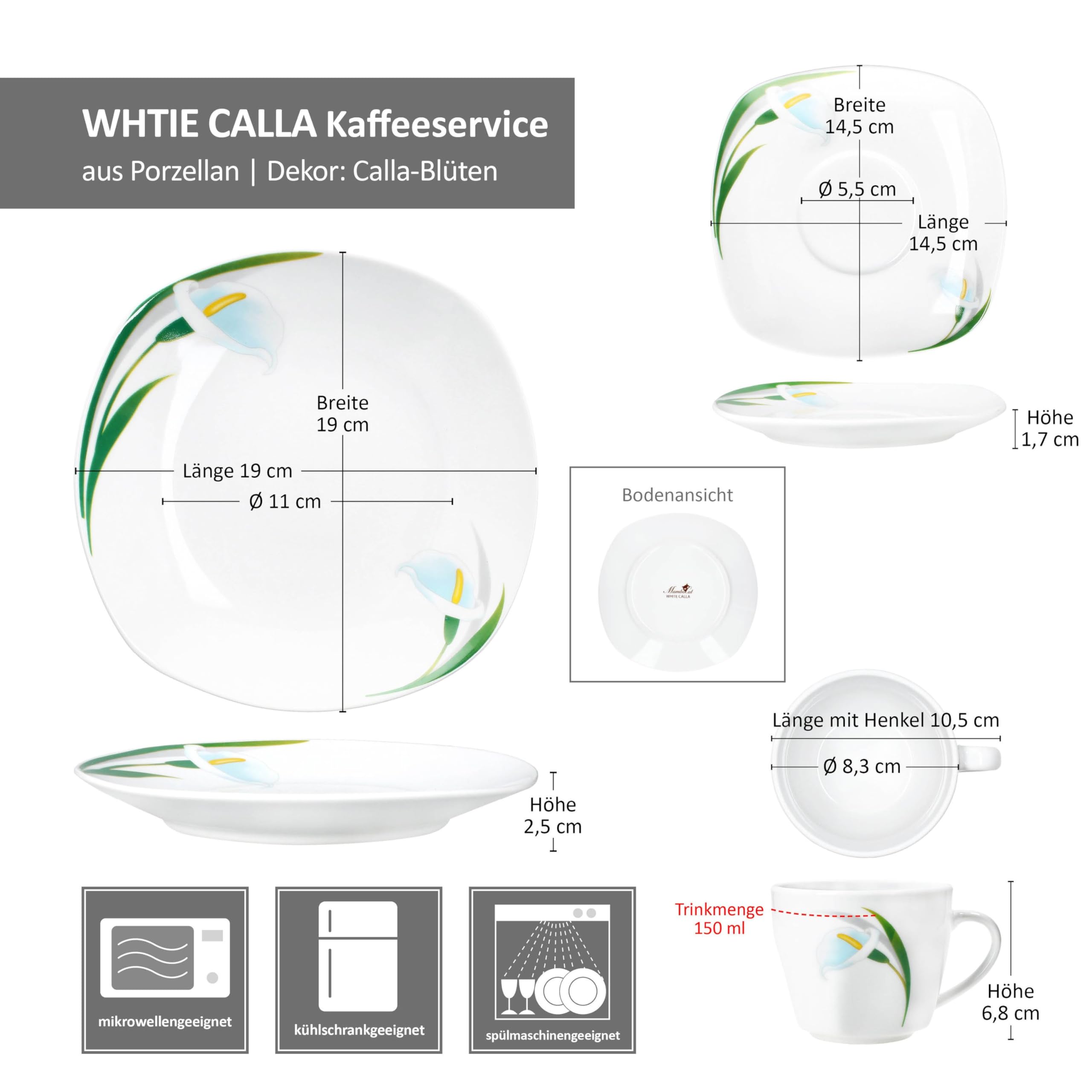 MamboCat 18tlg Kaffeeservice White Calla I Florale stilvolle Porzellan-Geschirr mit Blumen-Dekor für 6 Personen I Je 6X Tassen 150ml, Untertassen & Teller für Frühstück & Kaffee