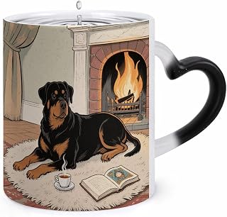 Color Changing Mug, Novelty Coffee Magic Cup, Rottweiler Dogs | Heat Sensitive Coffee Mug, Heart Shape Handle, Ceramic Tea Cup, Surprise Color Changing Design Mugs for Birthday, Christmas