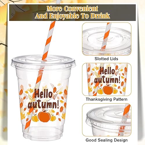 Miniatura 3 de 300 tazas de plástico para fiestas de otoño de 12 onzas con tapas y vasos de plástico para pajilla, vasos transparentes desechables para Acción de