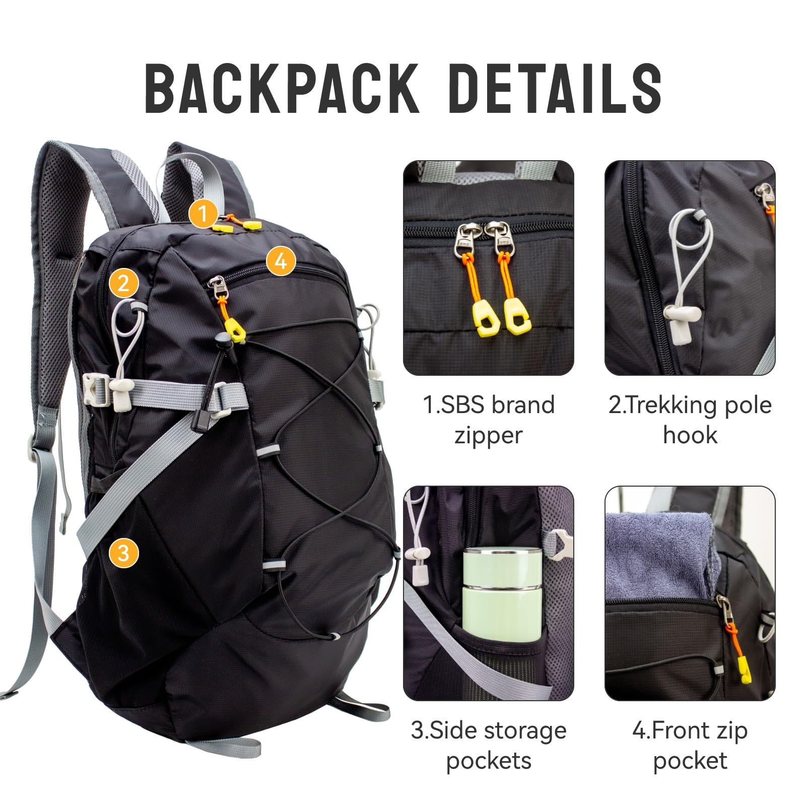 UTIAMIAOGONGO 30L Lightweight Foldable Hiking Backpack, Water Resistant Packable Outdoor Hiking Daypack Small Travel Day Pack for Men Women, black