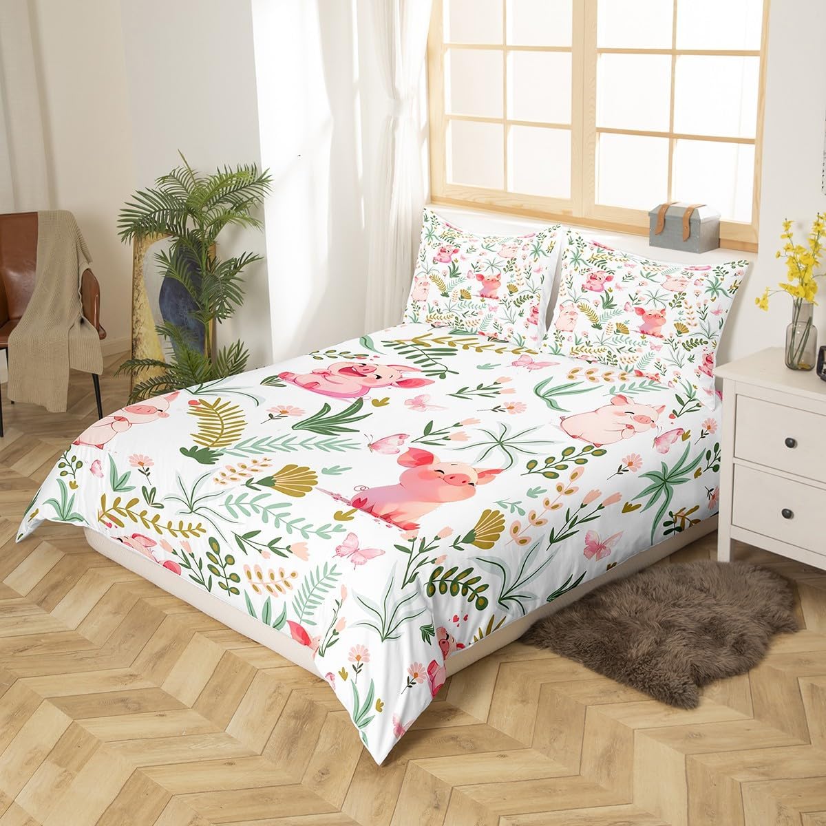 Homewish Cute Pig Duvet Cover Set Full Size,Cartoon Farmhouse Animals Pink Pig Comforter Cover with 2 Pillowcases,Boho Natural Leaves Plant Floral Breathable Bedspread for Boys Teens