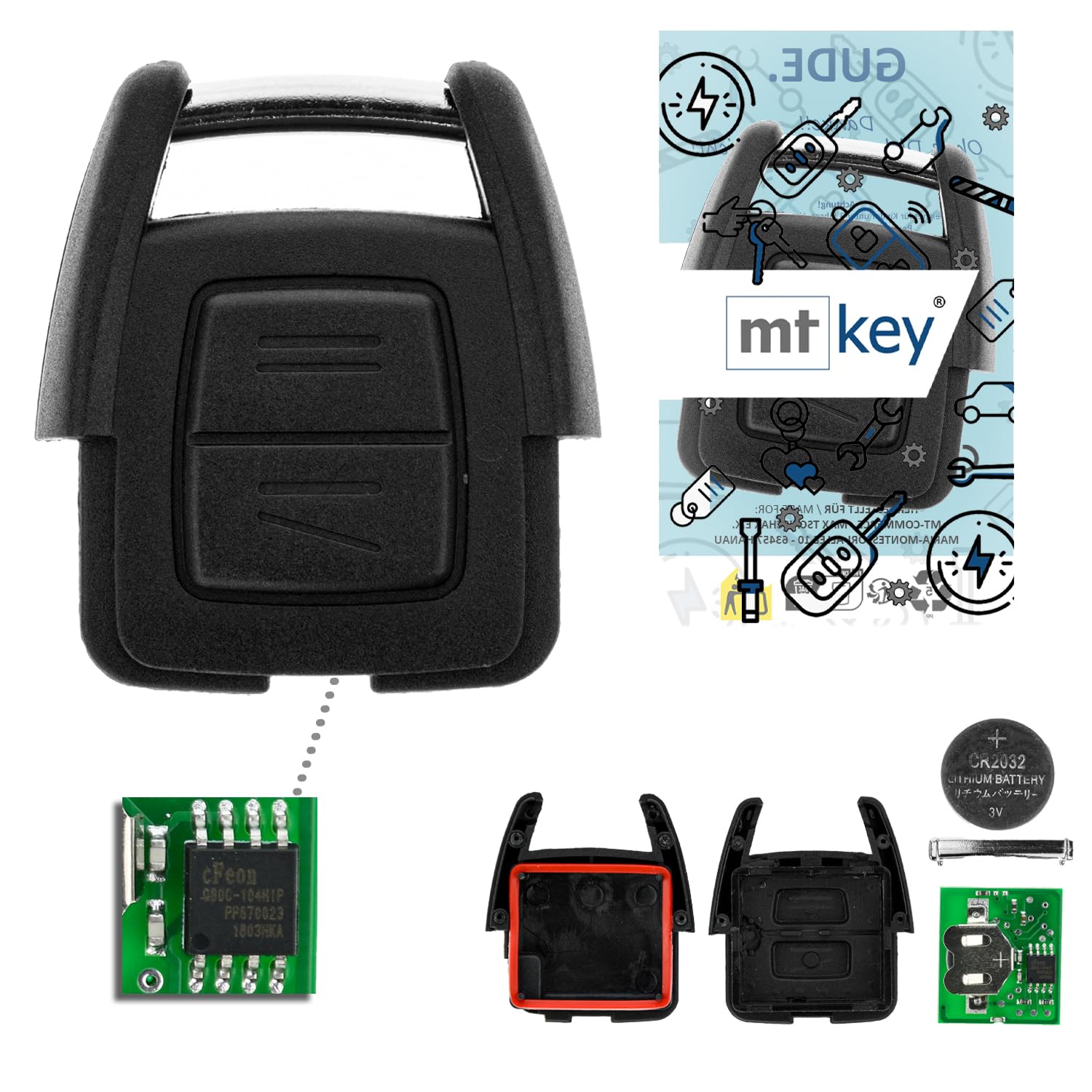 MT-KEY Funk Fernbedienung 434MHZ 2 Tasten Autoschlüssel kompatibel mit Opel Astra G Zafira A Omega B Sintra B Vectra B Funkschlüssel