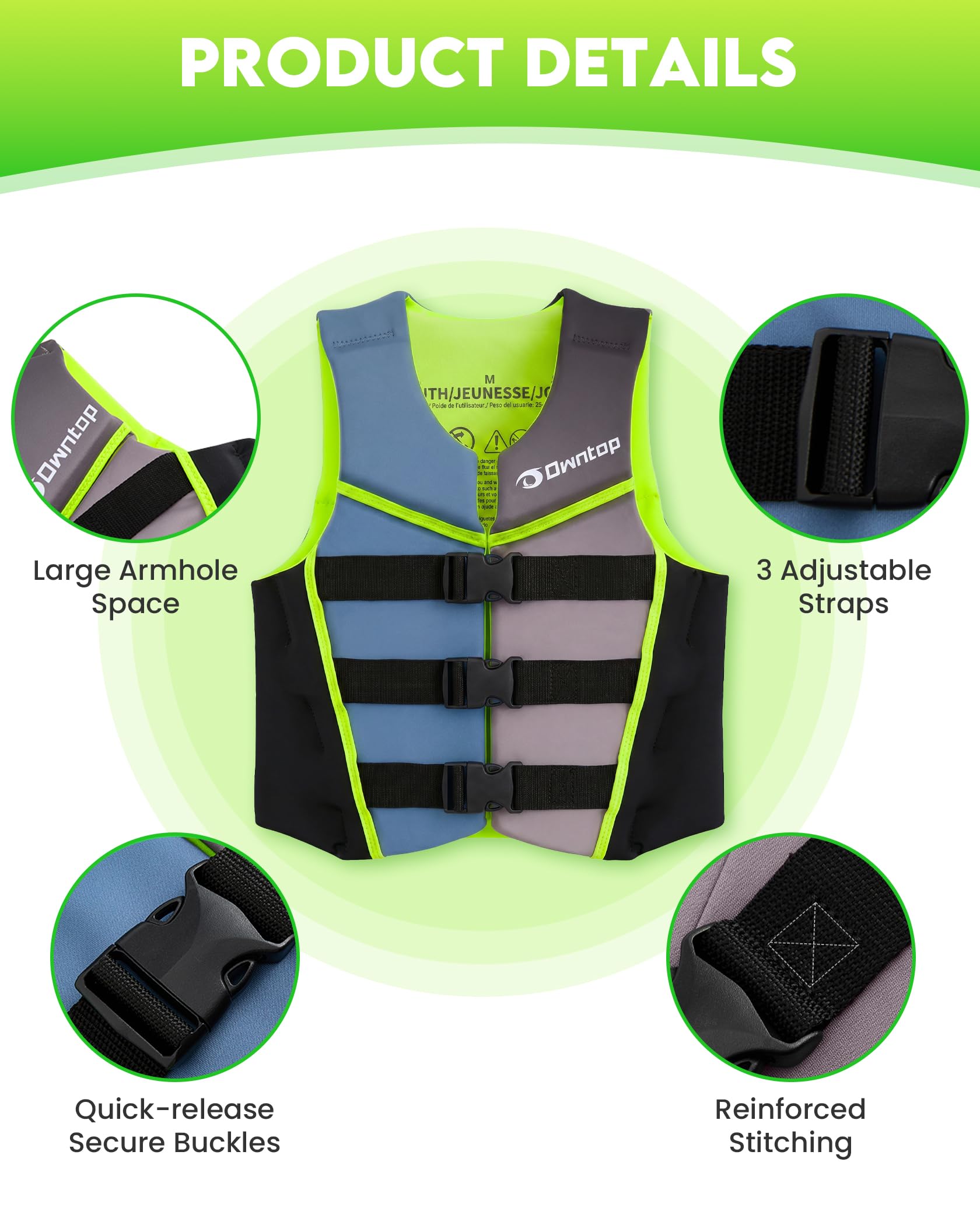 Owntop Aide à la Flottabilité pour Juniors et Enfants, Gilet de Natation en Néoprène avec Triples Sangles de Sécurité Réglables, Gilet de Flottabilité Léger pour Kayak, Paddle, Bateau