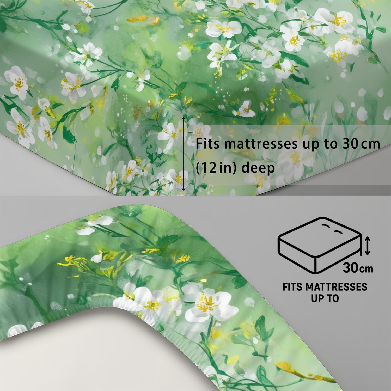 Aquarell Pflanze Spannbetttuch Frisch Blume Grünes Blatt Zweig Spannbettlaken 140 x 200 x 30 cm 3teilig Mikrofaser Bettwäsche Set mit 2 Kissenbezüge 80 x 80 cm Kein Flachbettlaken