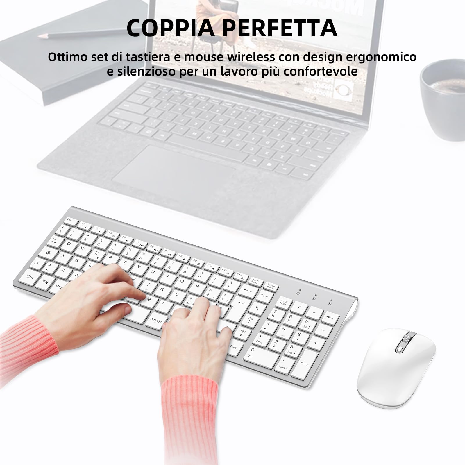 cimetech Tastiera e Mouse Wireless, Layout Italiano QWERTY, Tastiera Ultra-Sottile ‎Ergonomico Full-Size 2.4Ghz Wireless Mouse Tastiera Numerico con Ricevitore Nano per PC/Laptop/Win7/8/10（Argento）