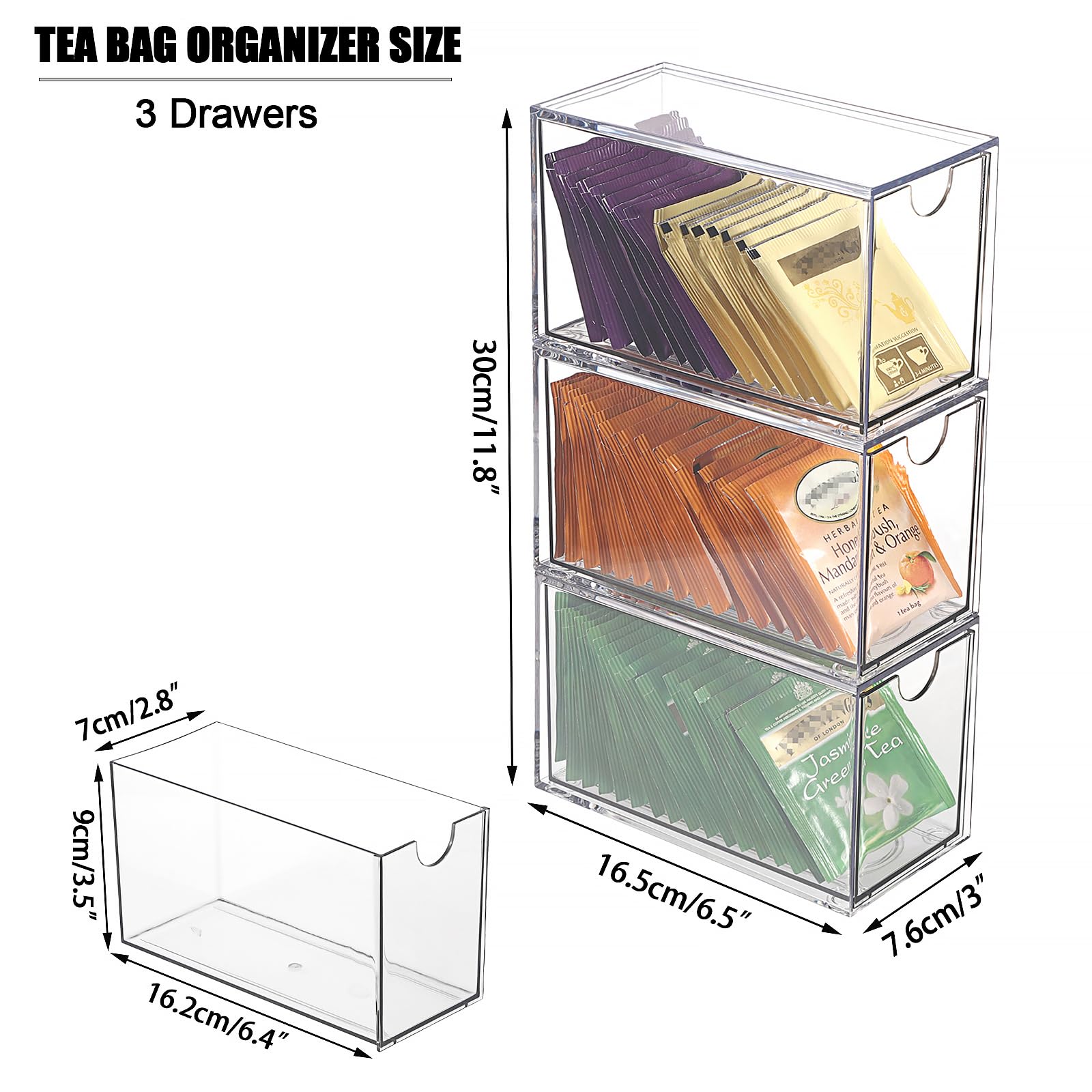 ELLDOO Organizador de bolsas de té de 3 cajones, acrílico transparente, apilable, soporte de almacenamiento para despensa de cocina, almacenamiento de aperitivos para encimera
