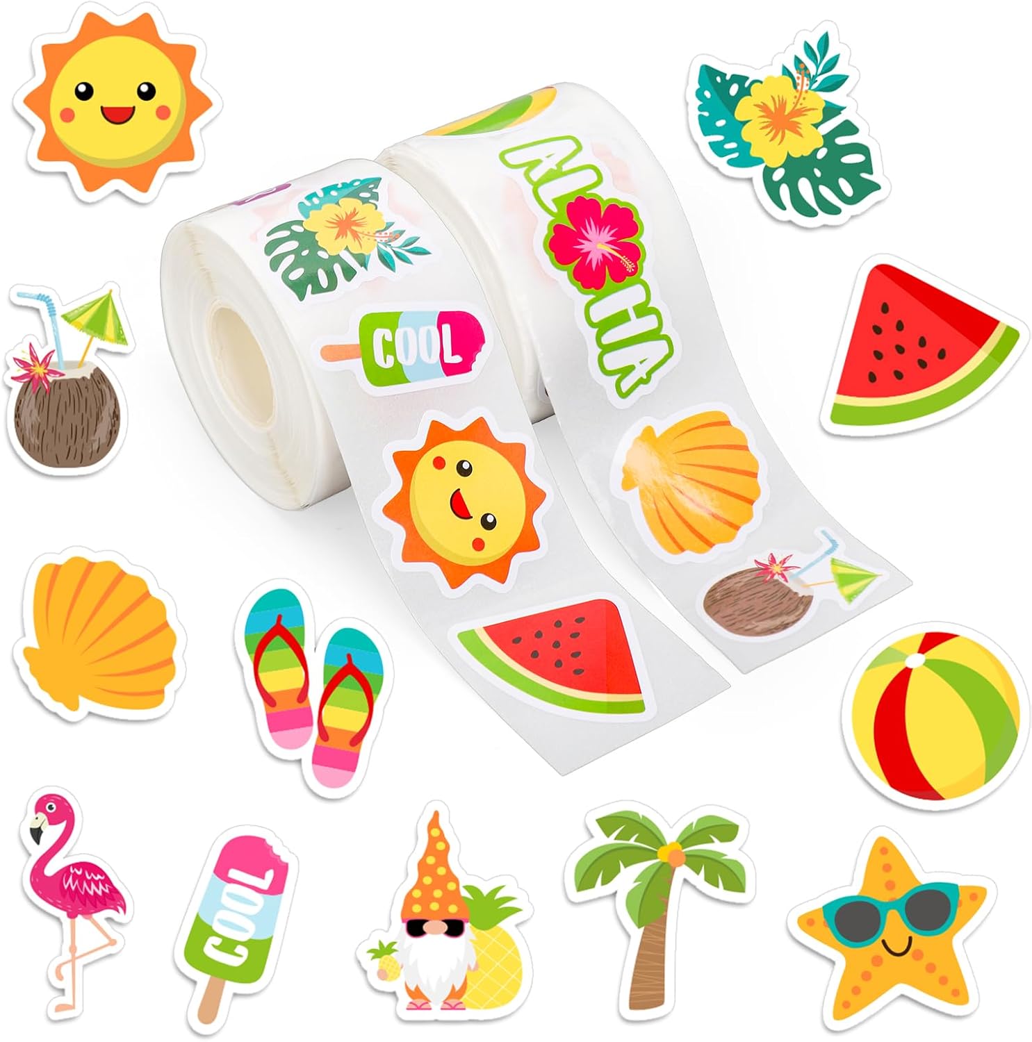 FYSUIMU 1000 Pcs Summer Hawaiian Sticker Roll Tropical Luau Theme Cartoon Stickers Pool Beach Self-Adhesive Decals for Scrapbooking Party Favors Classroom Rewards DIY Crafts, 2 Rolls