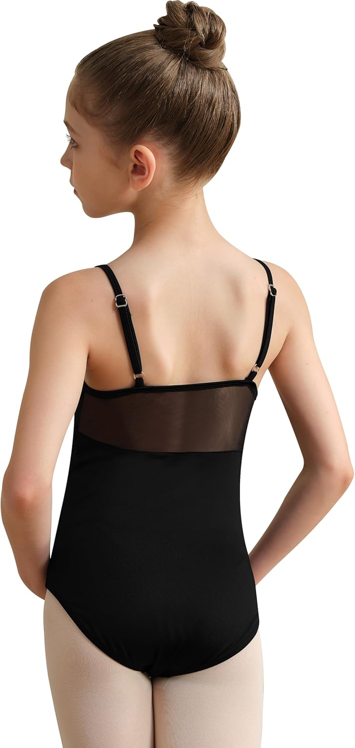 Girls Black Mesh Leotard for Dance Short Sleeve Ballet Outfit, Hollow Back, Waist splicing - Image 2
