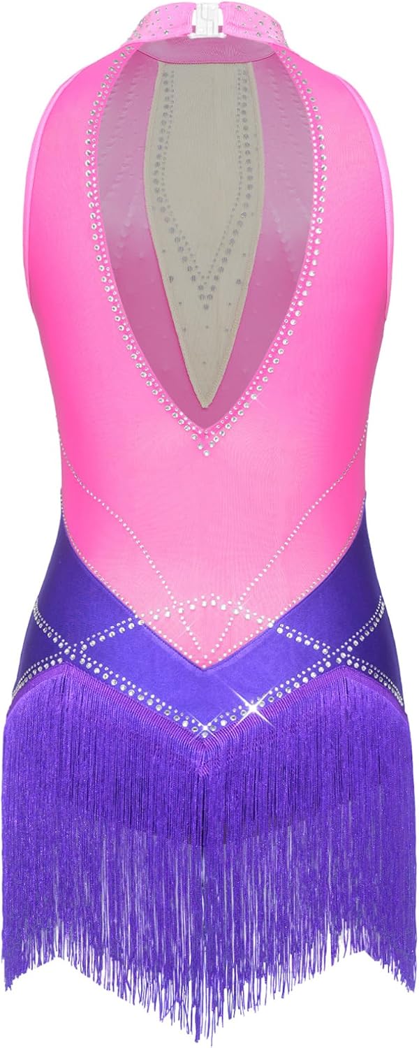 JEATHA Women Latin Dress Tassel Fringe Rhinestones Leotard Backless Jumpsuit Tango Rumba Salsa Dancewear
