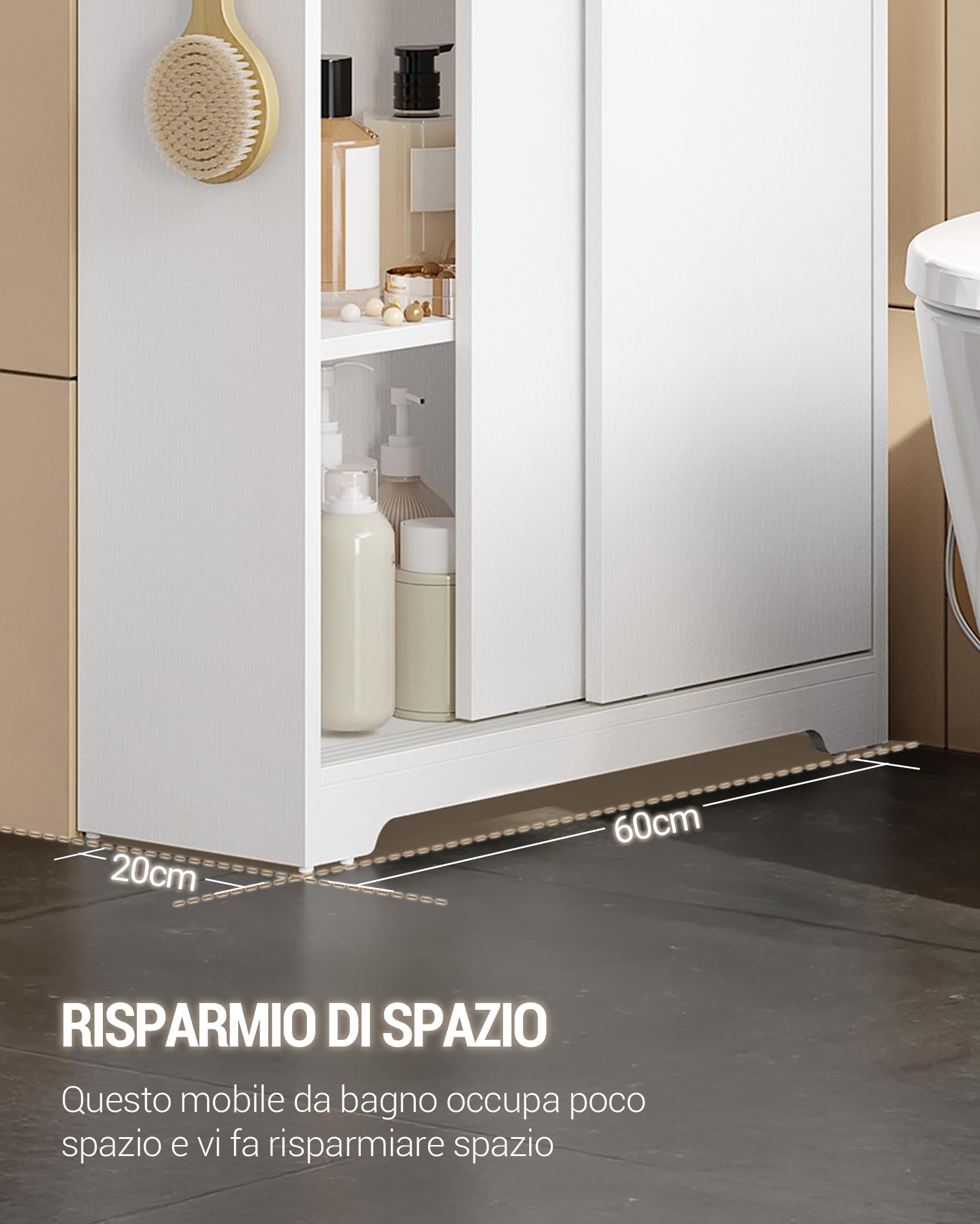 Hzuaneri Mobile Bagno, mobiletto bagno salvaspazio con Portarotoli di Carta Igienica e Ganci, Ante Scorrevole, Ripiano Regolabile, Accanto al Water, 20 x 60 x 80 cm, Bianco BC62813X
