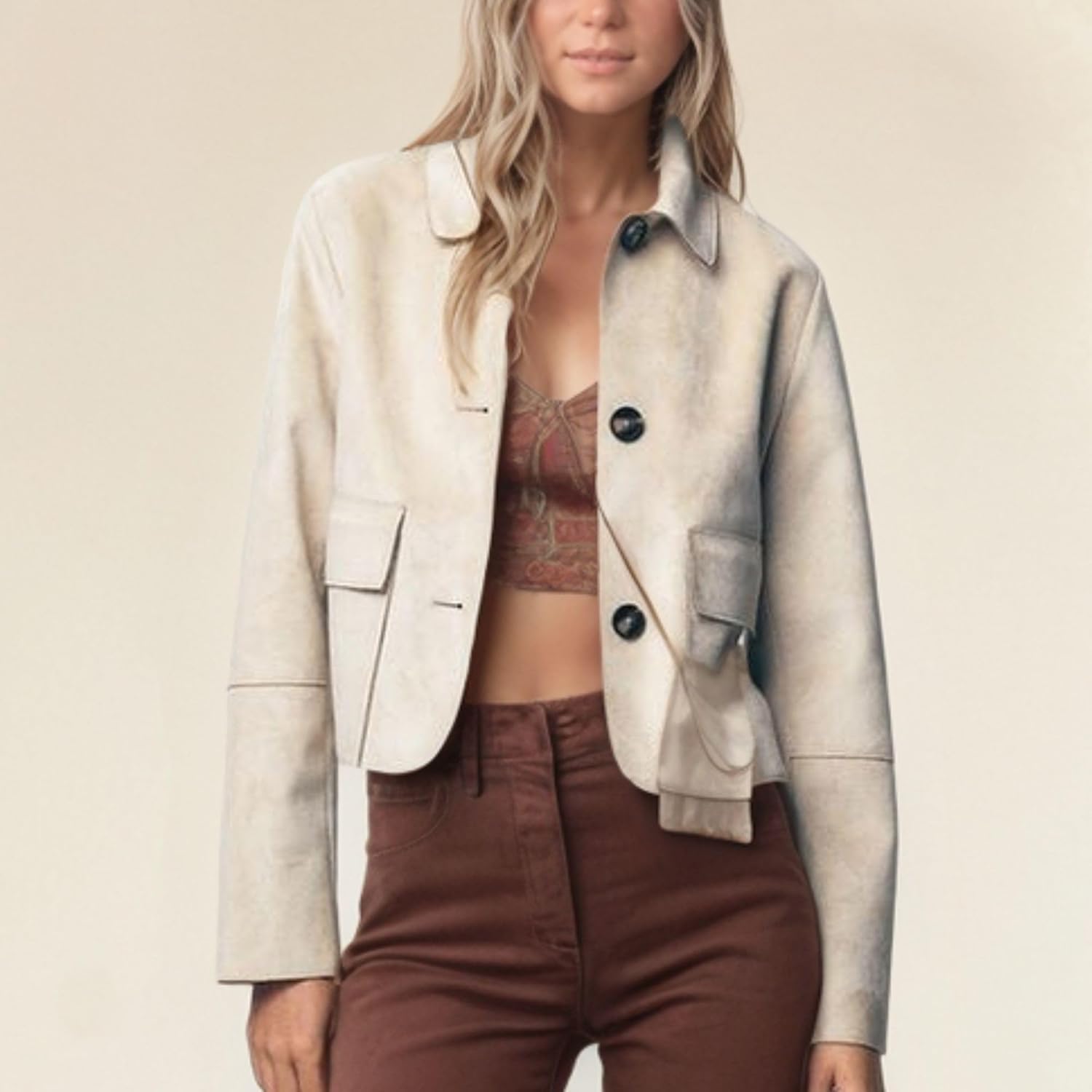 Xunger Women's Retro Faux Suede Bomber Jacket Cropped Lapel Coat Button Front Pockets Casual Streetwear Oversized Outerwear - Image 2