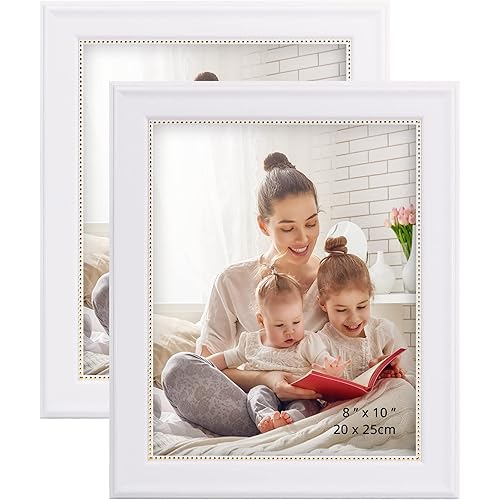 GraduationMall 8x10 Picture Frames, Real Glass, Display Photos for Wall or Tabletop, White with Gold Beads, 2-Pack