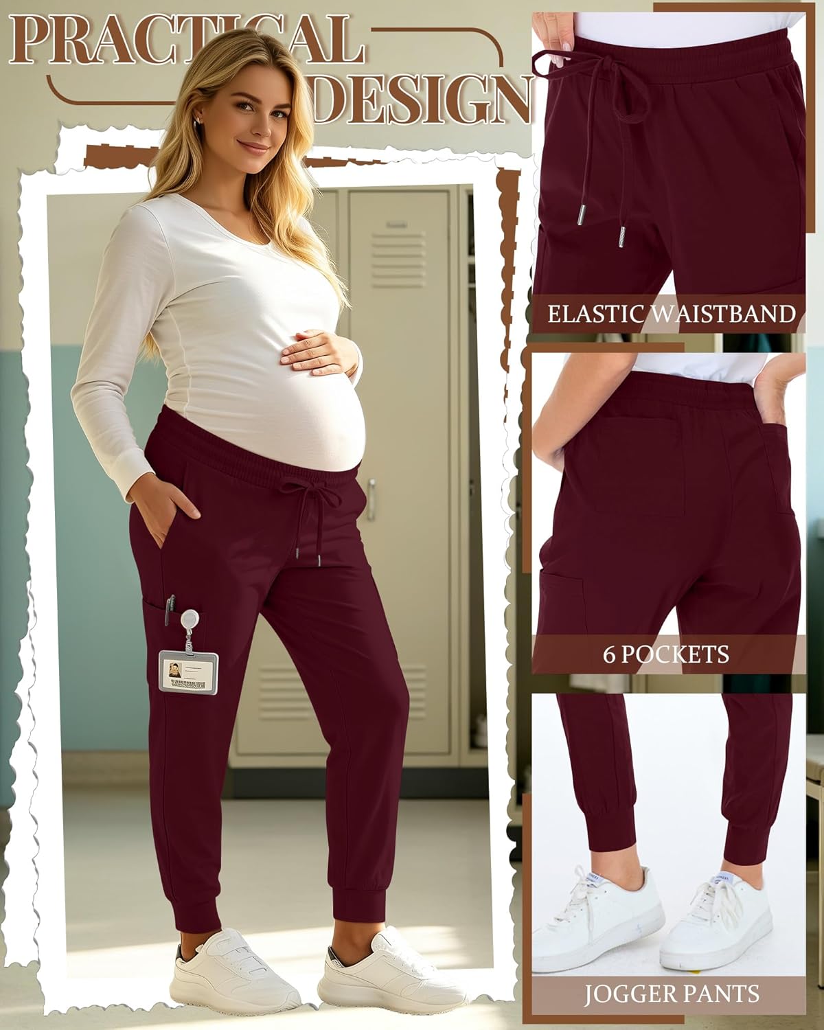 3 Pack Maternity Scrubs Pants 6 Pockets Pregnancy Comfy Workwear Drawstring Joggers Underbelly Cargo Work Pants