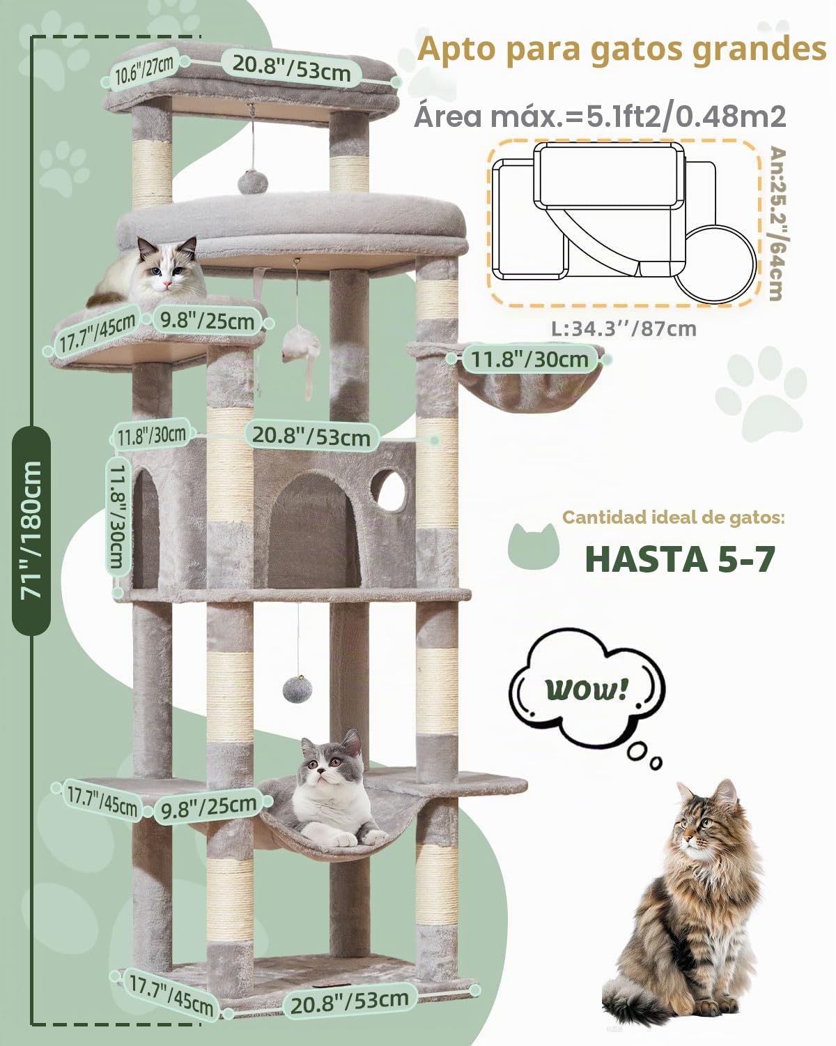 Taoqimiao Rascador para Gatos 180cm, Ideal para Gatos Grandes de +9 kg, con 3 amplias Plataformas, 9 Postes de sisal para arañar, casa Acolchada, Hamaca y Cesta de Lujo, MS034W Gris Claro