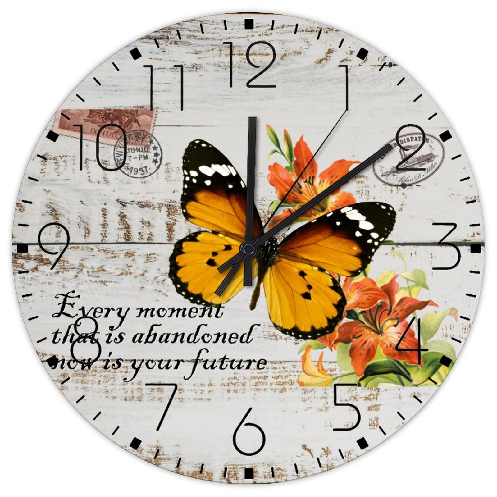Horloge murale ronde en bois Now Is Your Future esprit bohème fleur