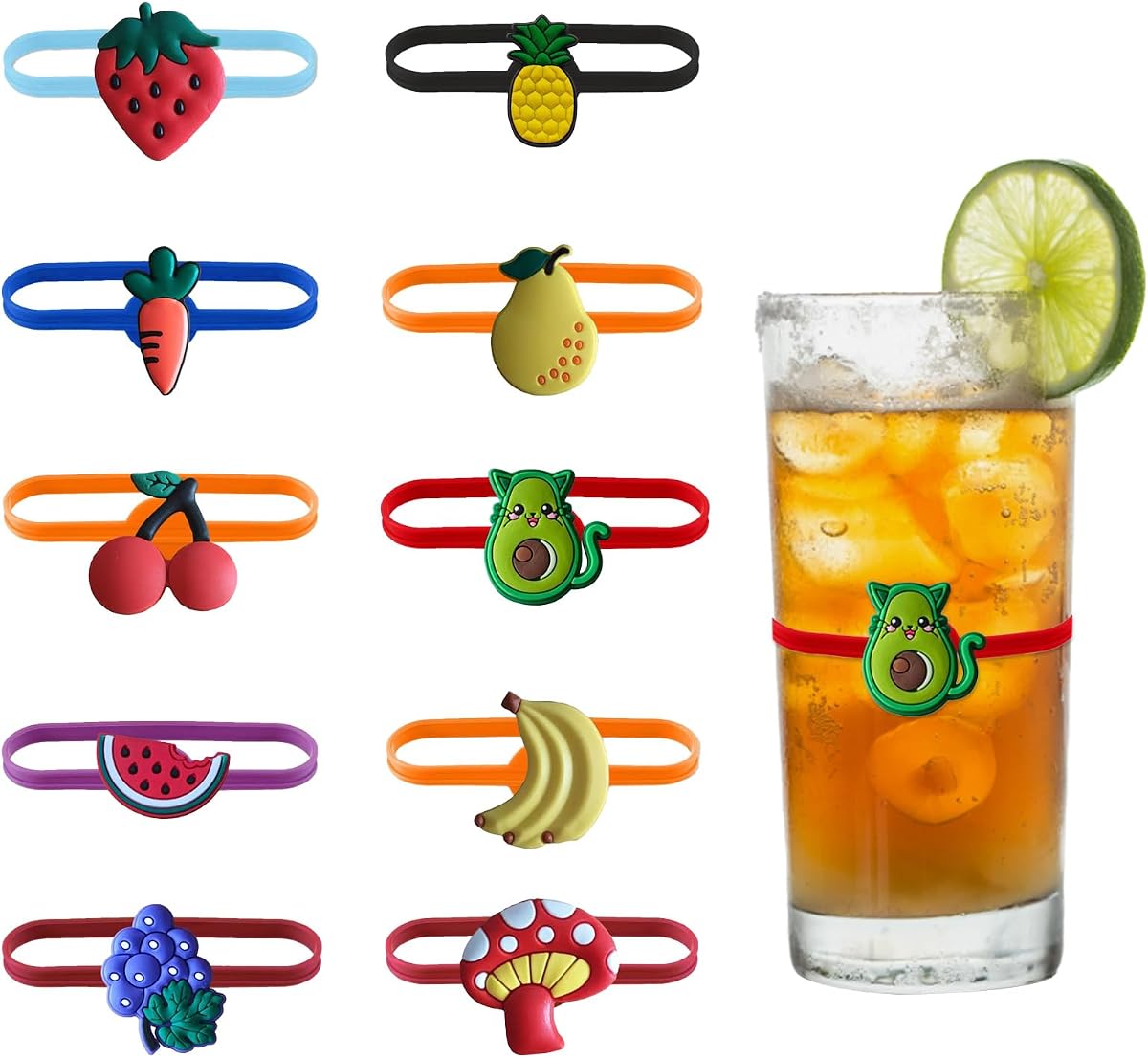 NEWHOOK 10 marcadores/identificadores de tazas de silicona para vasos de bebidas, fiesta | Etiquetas coloridas reutilizables, identifican bebidas en fiestas, bodas, bares. Se adapta a copas de vino, botellas de cerveza y tazas. Fácil de limpiar, duradero.