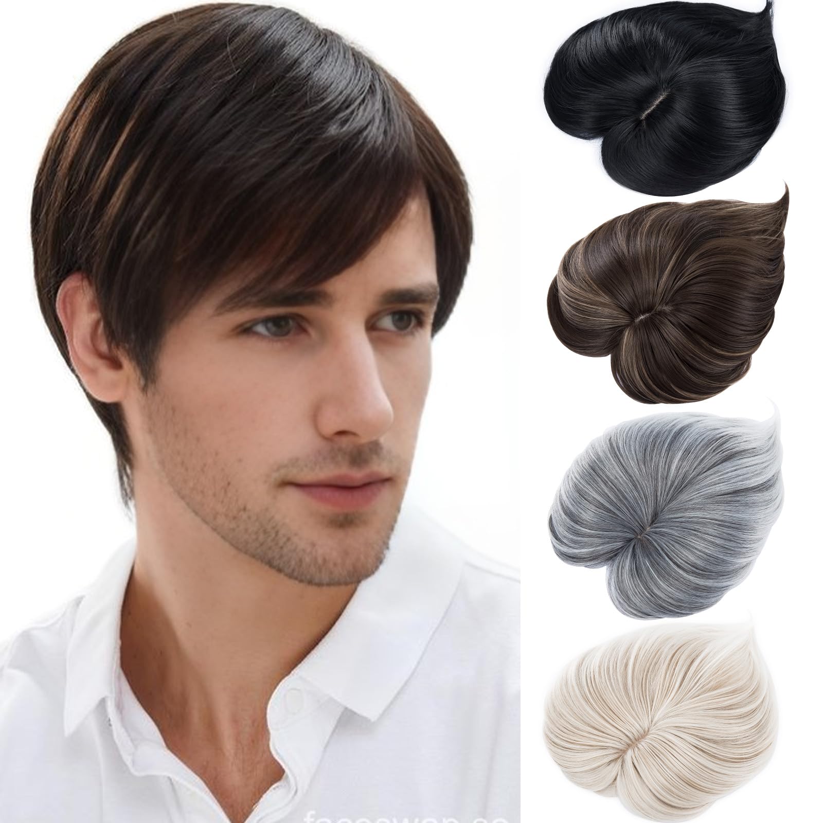 BUYOGET Brown mix Grey Hair Topper for Thinning Hair Short 7 inch 6×6in Base with 3 Clips in Toppers Hairpiece for Women Men
