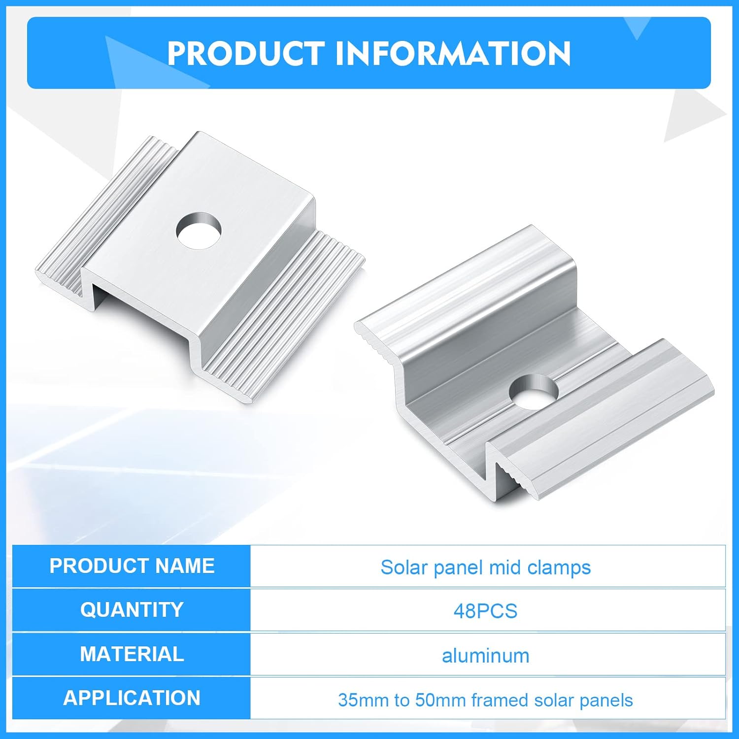 Zhengmy 48 Pack Solar Panel Mid Clamps 1.06 Inch Solar Panel Bracket Aluminium Mounting Accessories Aluminum Solar Mid Clamp for Solar Panel Mounting Solar Panel Mid Clamp
